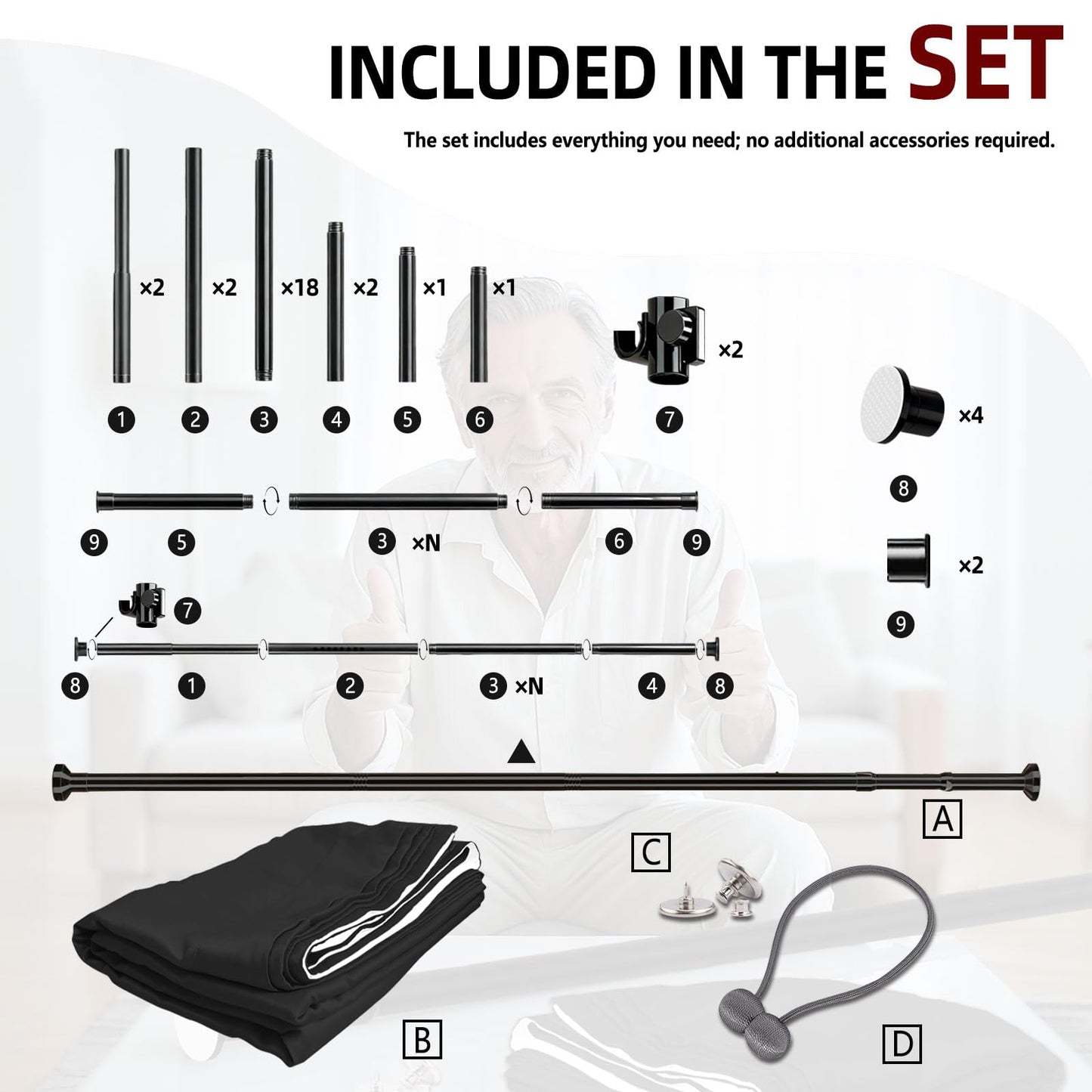 GONNRLY Room Divider Curtain Set-No Drilling Curtain Rod Set, Room Divider Wall for Partition Room Dividers, Bedroom Divider Black-100 W x 84" L(Pack of 1)