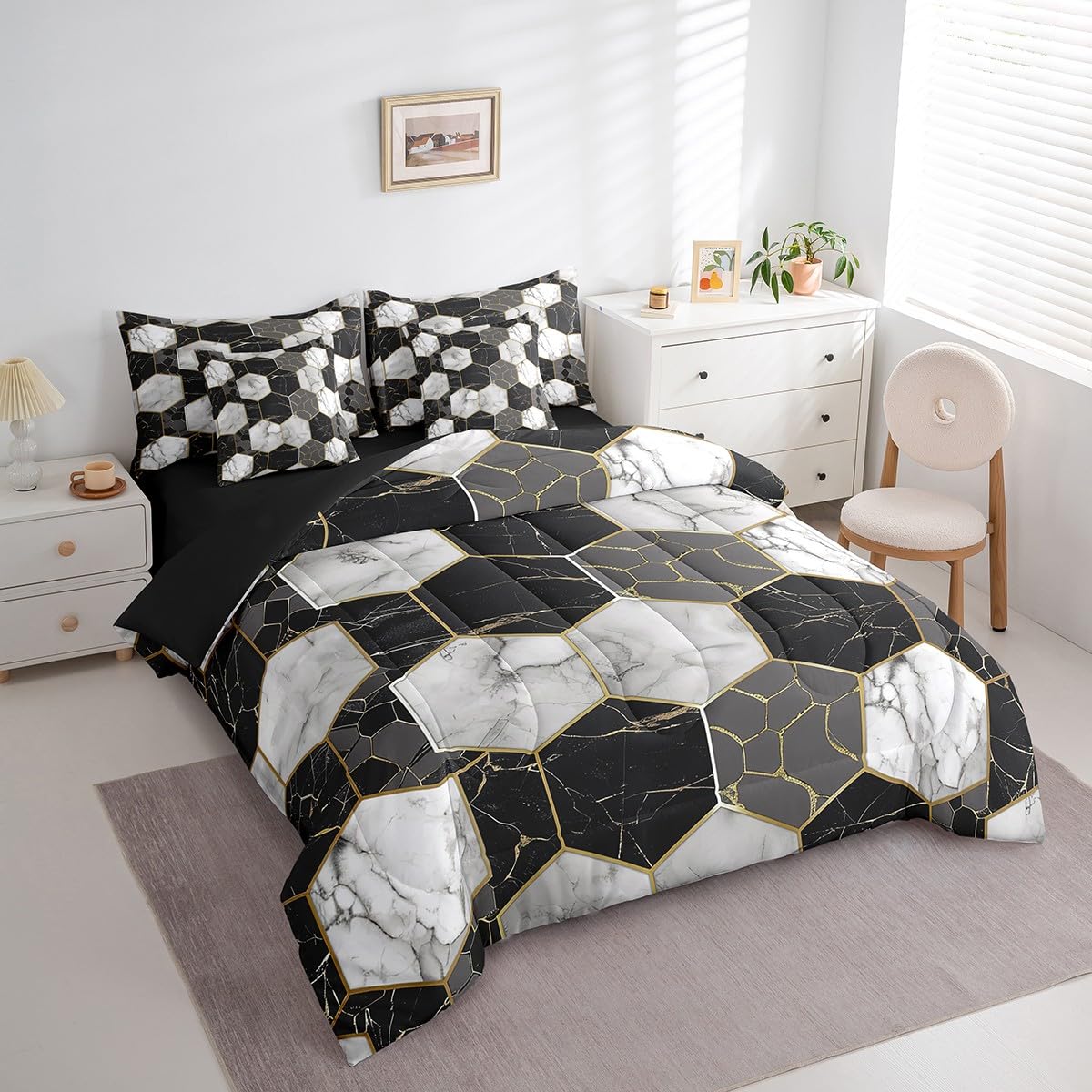 Erosebridal Black Grey Marble 7 Piece Bed in A Bag White Gray Hexagon Honeycomb Comforter Set King for Kids Boys Teen Adults Men Gold Marble Grain Bedding Set Geometric Marbling Art Bed Set