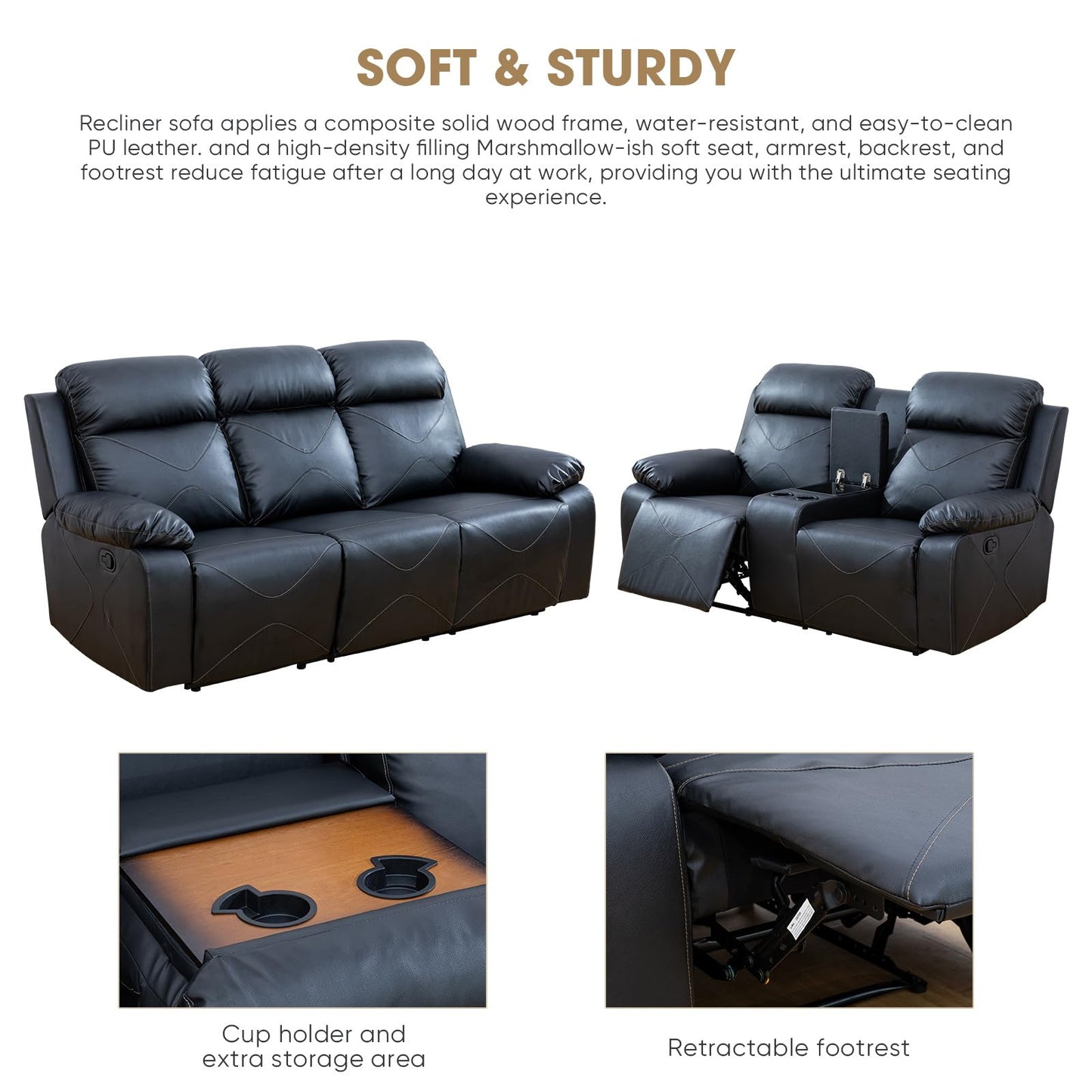 SIMPCHIC Power Recliner Sofa Set, Top Leather 3-Piece Sectional Couch Living Room Furniture Set for Home, Office and Apartment (Black)