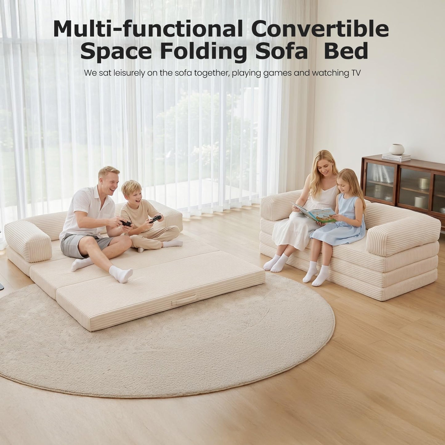 AOLVDOW Convertible Sofa Bed, Tri-Fold Foldable Mattress with Removable Arms & Washable Cover, Portable Mattress Futon Sofa Bed, No Assembly Required & Non-Slip, Queen Size, Beige