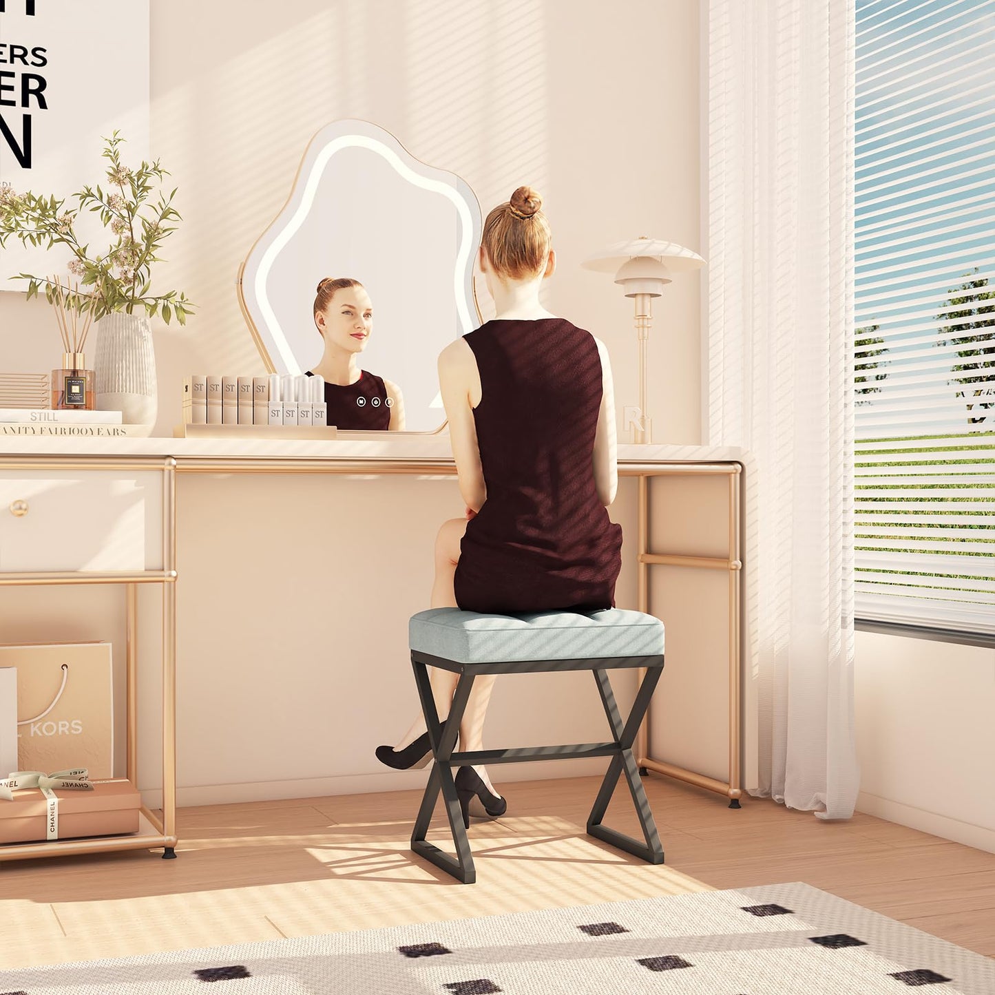 YMYNY Vanity Stool, Linen Footrest Stool, Ottoman Bench with X-Shaped Metal Legs, Makeup Dressing Stool for Vanity, Living Room, Bedroom, Entryway, Hallways 15.74"D×11.81"W×18.11"H Blue Gray UHBD033L