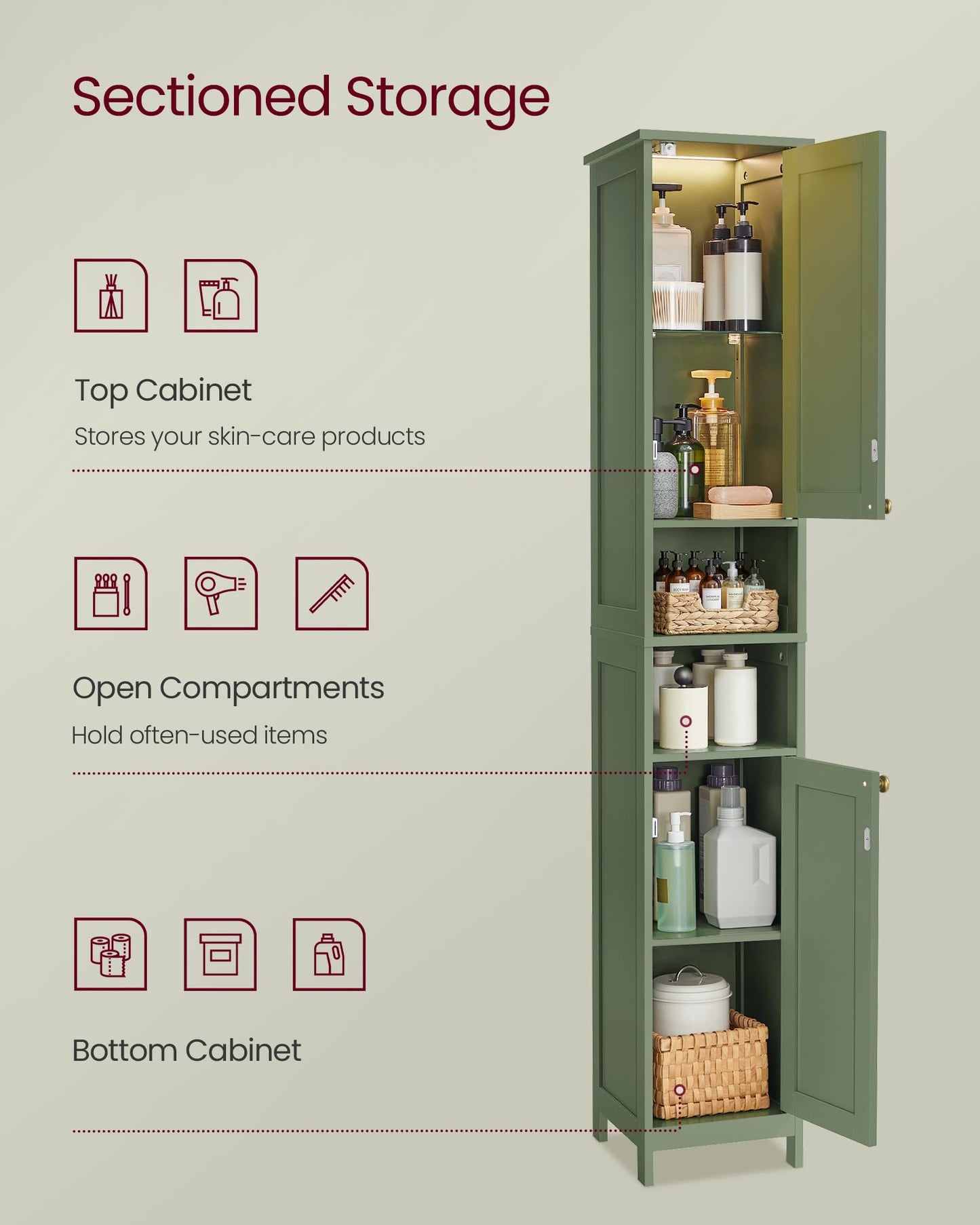 VASAGLE Tall Storage Cabinet with Lights, Slim Freestanding Cabinet with Adjustable Shelves, for Small Spaces, Bathroom, Living Room, Modern, 11.8 Inches Wide, Forest Green UBBC566C01