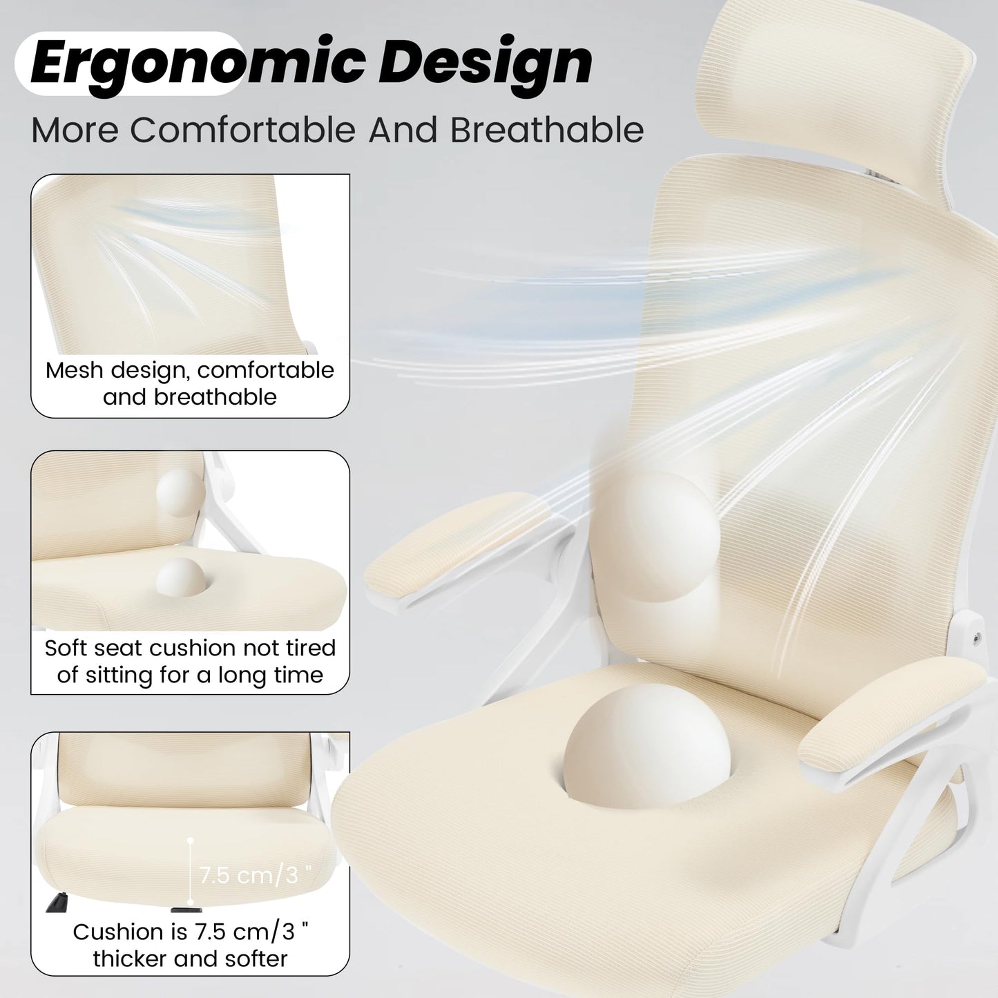 Fizzin Ergonomic Office Chair, 400 LBS Computer Chairs with Adjustable Lumbar Support, Breathable Mesh Desk Chair Ergonomic with Thickened Cushion, Comfy Home Office Desk Chair (Buff Beige)
