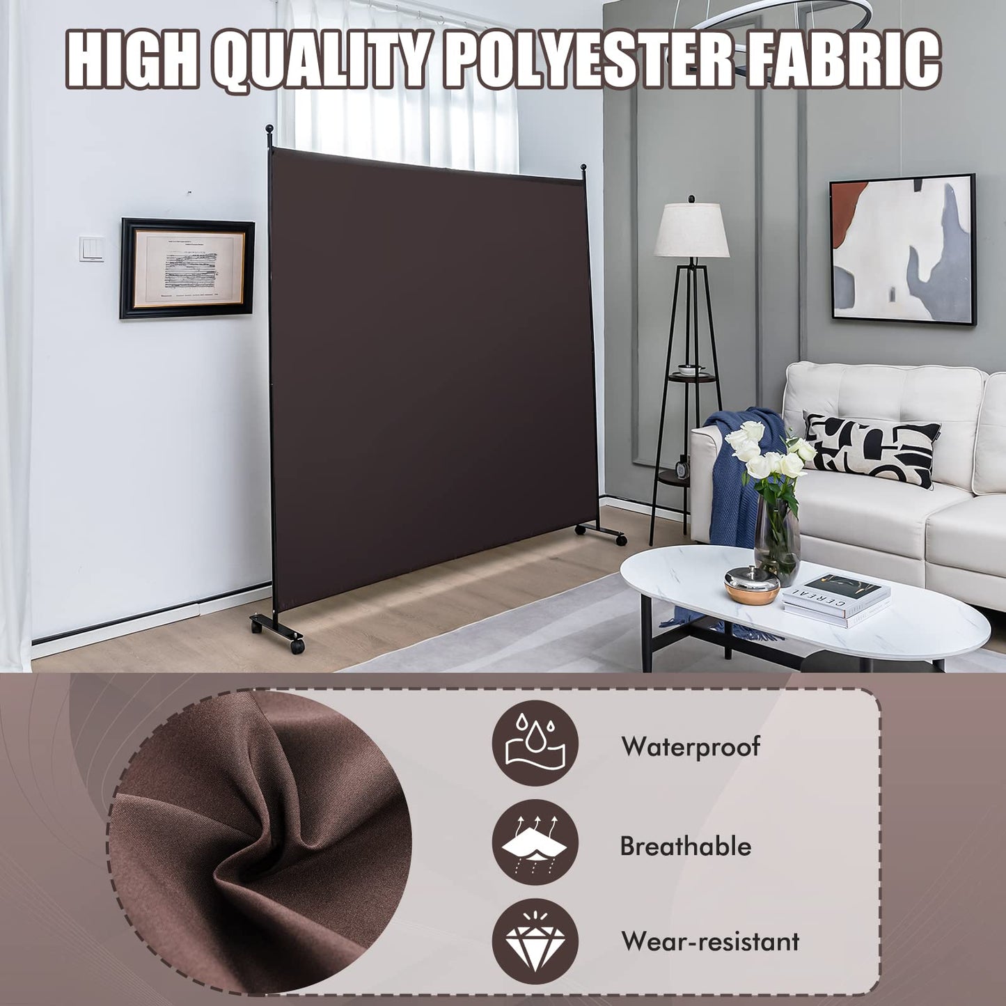 GOFLAME 6FT Single Panel Room Divider, Wide Rolling Privacy Screen with Lockable Wheels, Portable Room Partition Screen, Freestanding Wall Divider and Separator for Home Office, Brown