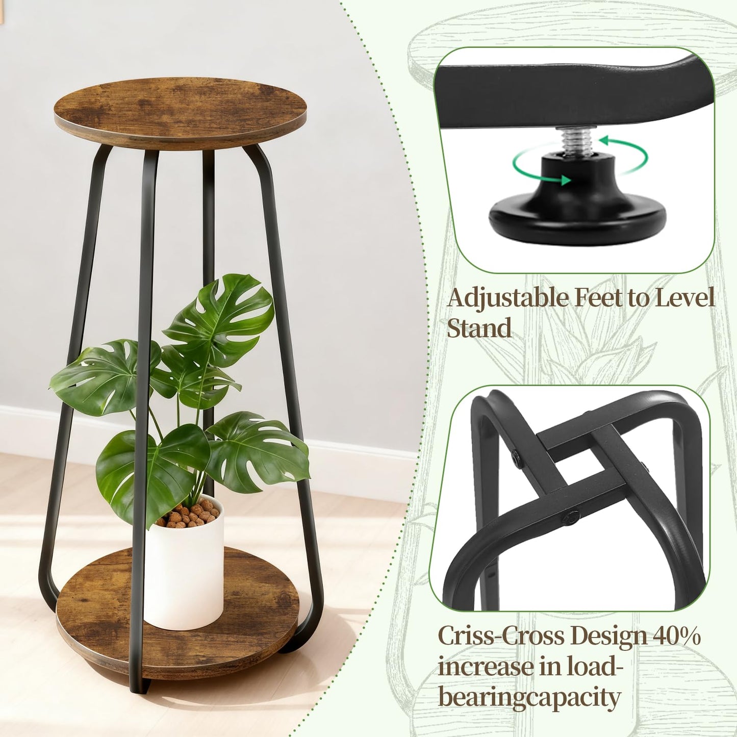 OugeWood Plant Stand Indoor, 2 Tier Plant Shelf Pedestal Stand Flower Stand, Metal Wood Plant Stands for Indoor Plants Living Room Balcony Deck Garden