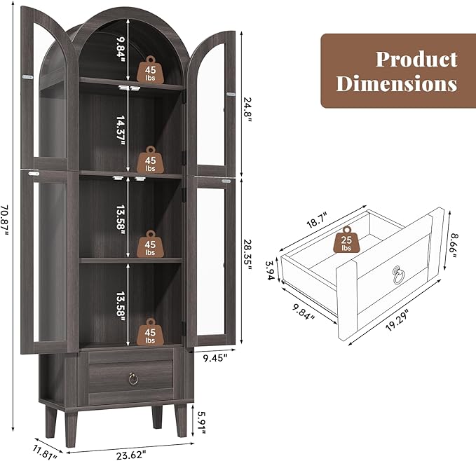 71" Tall Arched Cabinet with Acrylic Door, Modern Curio Arched Bookcase W/Drawer