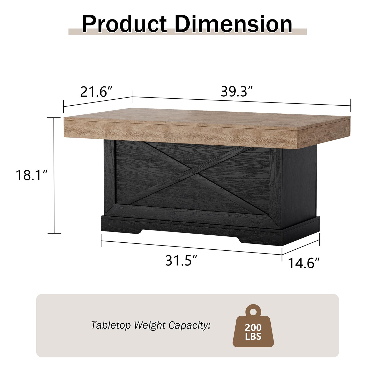 Lareth Coffee Table 39 in Rustic Center Table with X-Design Wooden Pedestal for Living Room, Space Saving, Rectangle Home Office Tea Accent Table for Apartment, Dark Oak Black