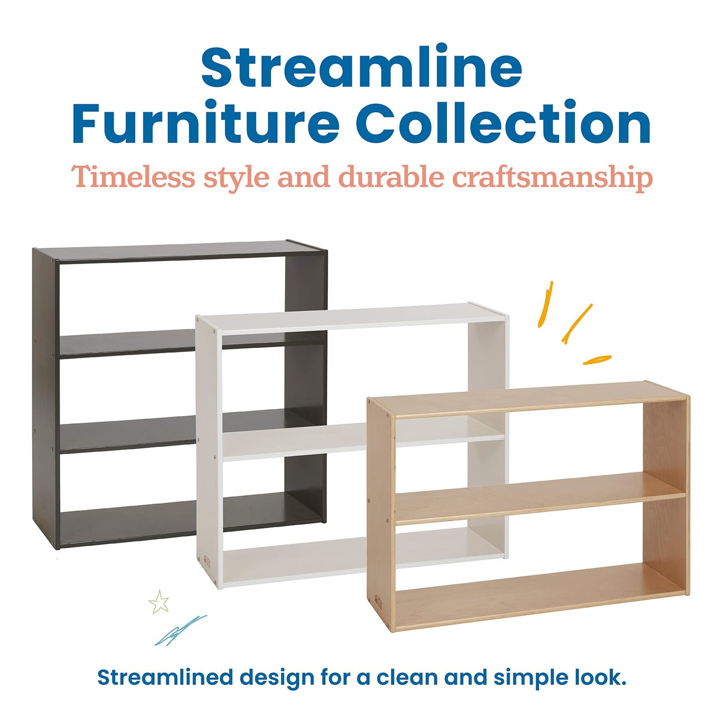 ECR4Kids Streamline 2-Shelf Double-Sided Storage Cabinet, 30in, Classroom Furniture, Grey Wash