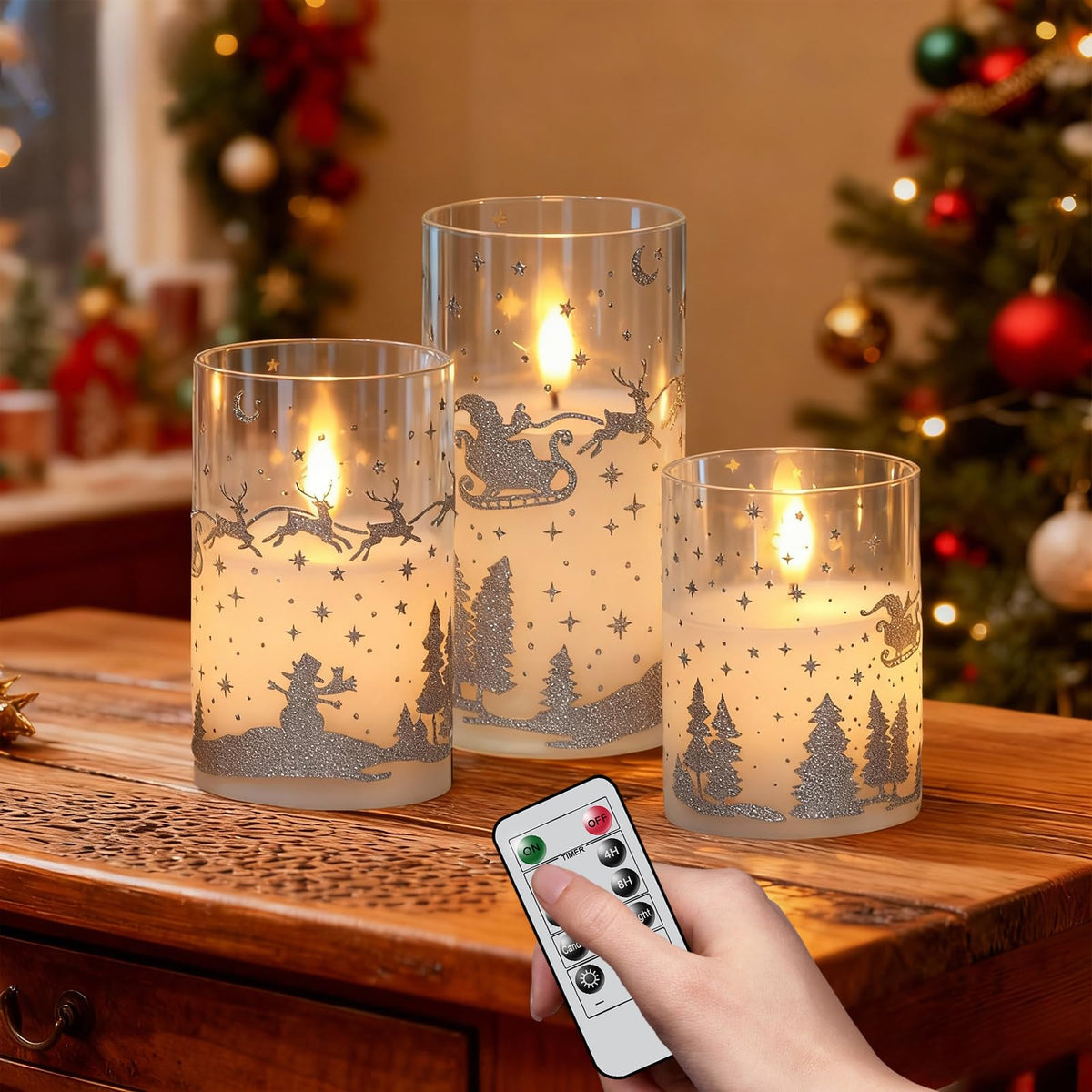 DRomance Reindeer Glass Flameless Candles Battery Operated with Remote and Timer Real Wax Silver Glitter 3D Wick LED Flickering Candles Warm Light Indoor Christmas Holiday Decor 3" D x 4", 5", 6" H