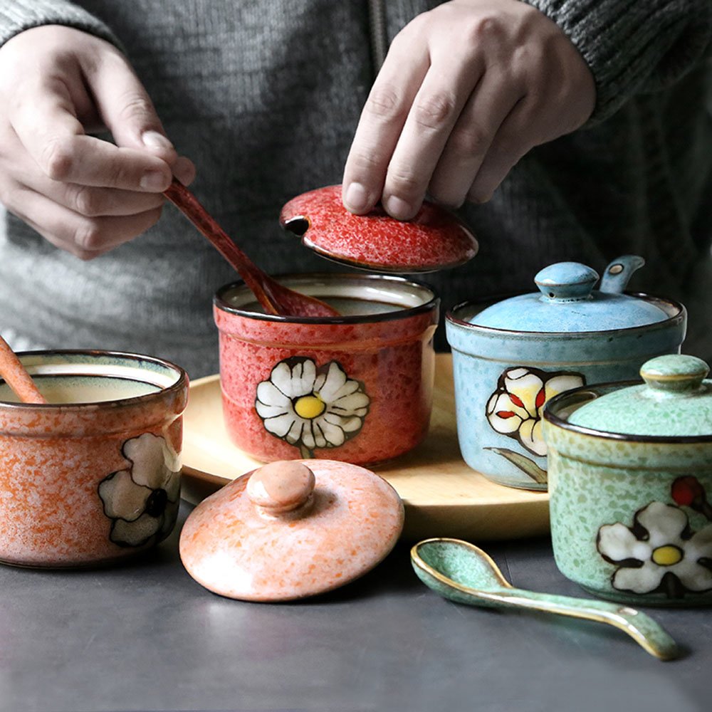 Ceramic Flower Sugar Salt Pepper Storage Jar Seasoning Pot with Spoon