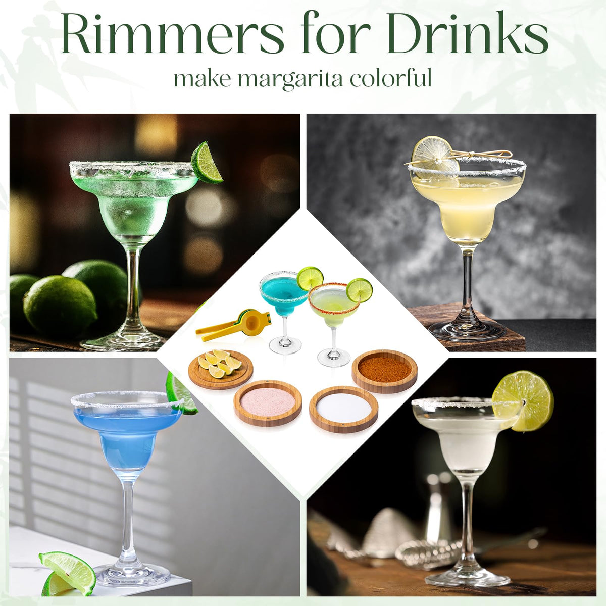 USEEKRIL 3-Tier Bamboo Margraita Salt Rimmer Set with 2 Glass&Lemon Squeezer,Margraita Kit Gift Set,Salt&Sugar Rimmer for Drinks,Glass Rimmer Tools with Magnetic Swivel Lid for Bartenders,Parties