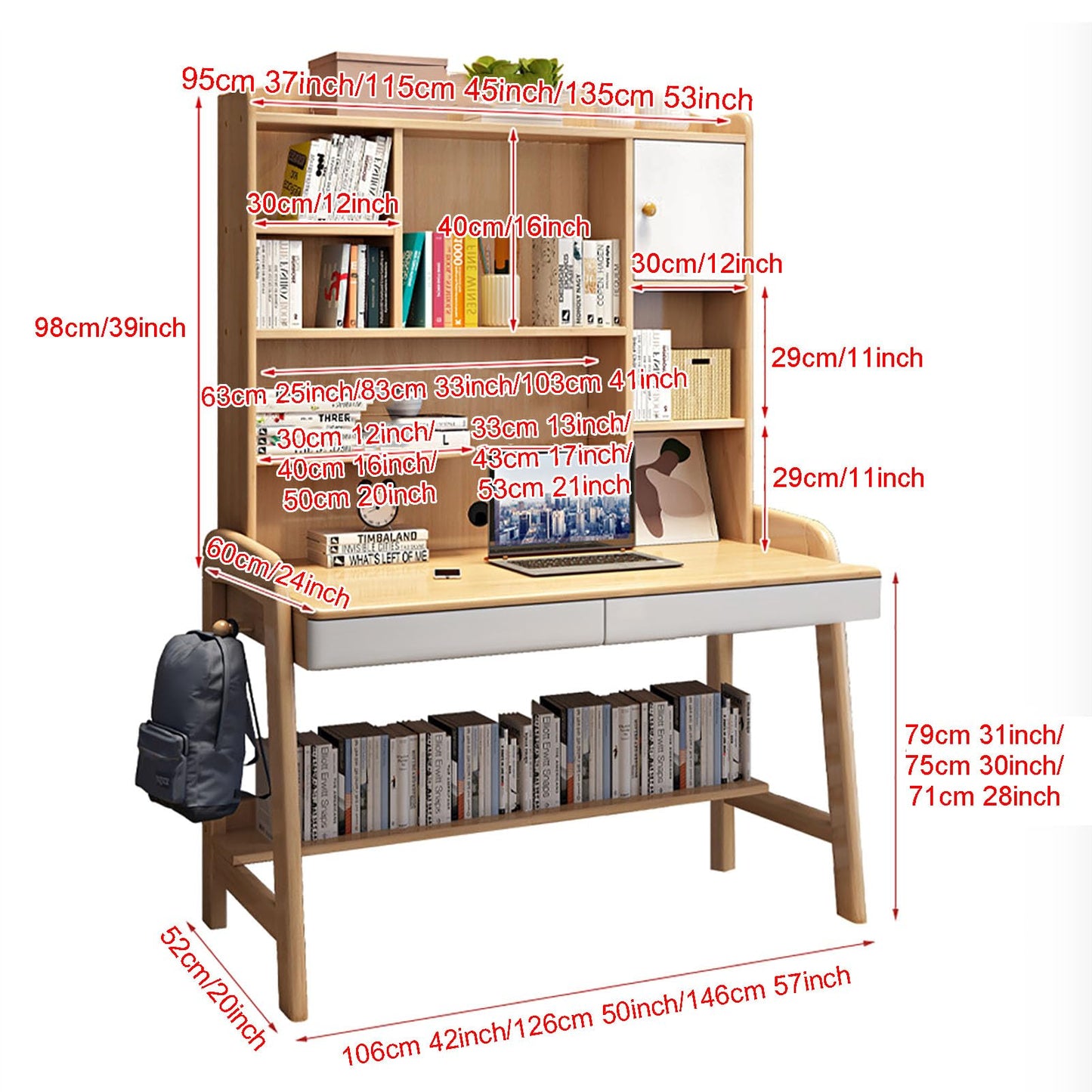 Study Desk Table with Hutch & Bookshelf & Drawers,Solid Wood Chi-*ld*ren Computer Desk Office Desk,Height Adjustable Workstation Teen*AGER Writing Desk for Home School, 126x60x177cm(50x24x70in)