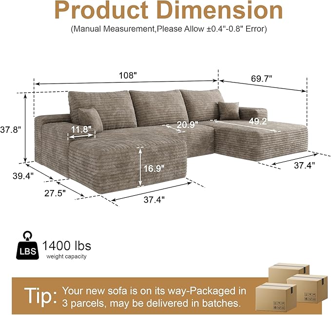 108" Sectional Couches for Living Room Cloud Couch Sofa