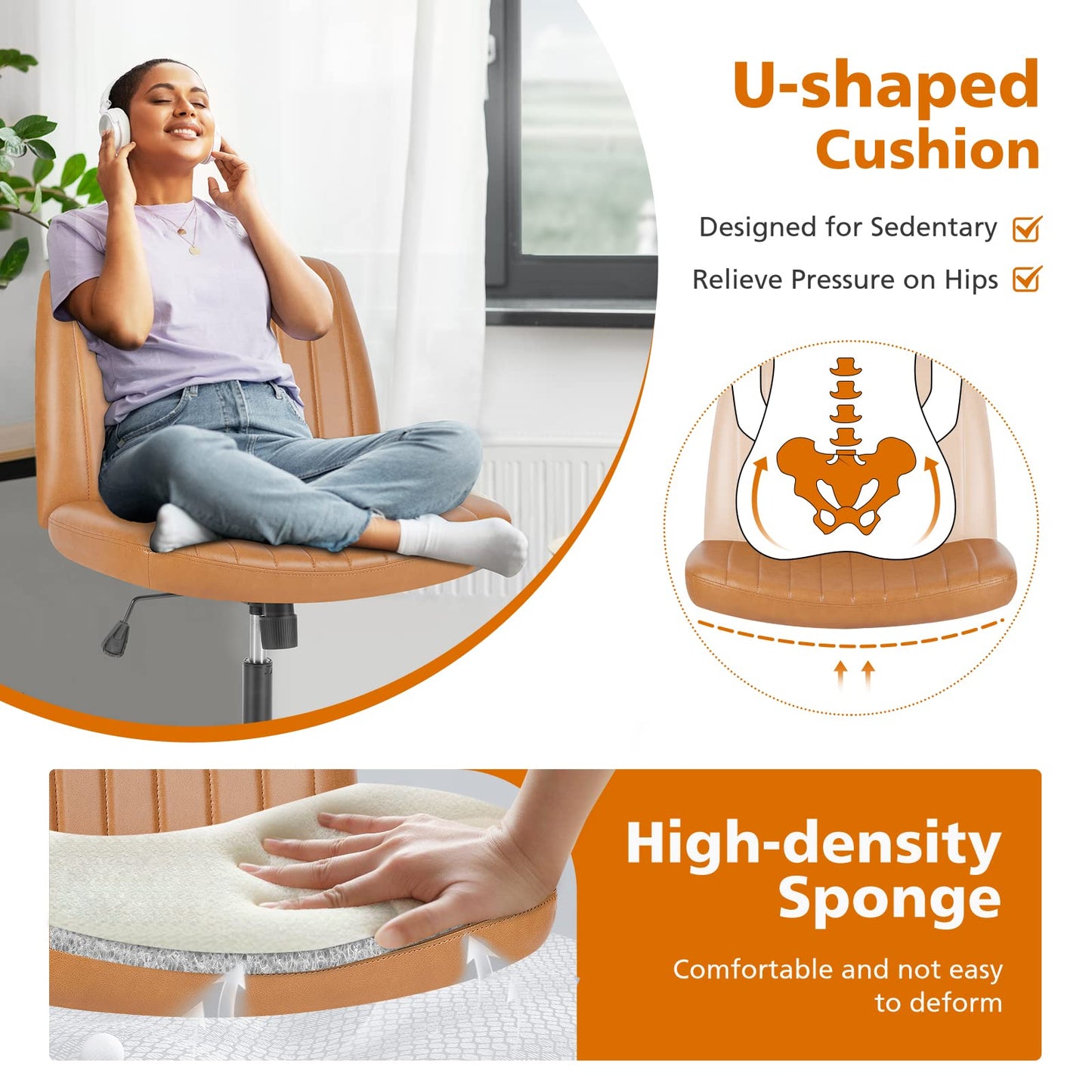 Sweetcrispy Criss Cross Chair Legged, Armless Office Swivel Desk Chair No Wheels, Vanity Height Adjustable Wide Seat Faux Leather Computer Task Seating for Home Bedroom