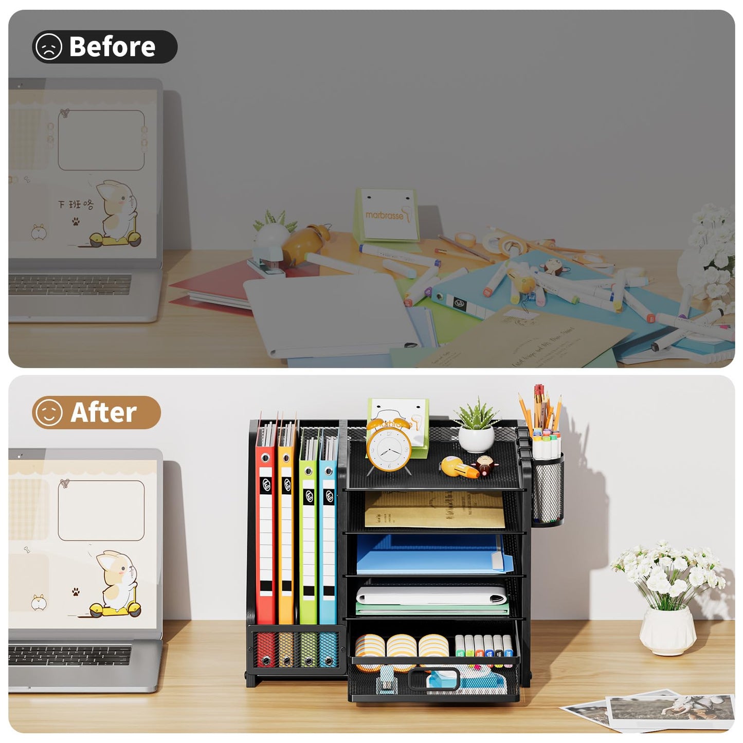 Marbrasse Desk Organizer with File Holder, 5-Tier Paper Letter Tray Organizer with Drawer and 2 Pen Holder, Mesh Desktop Organizer and Storage with Magazine Holder for Office Supplies (Wood-Black)