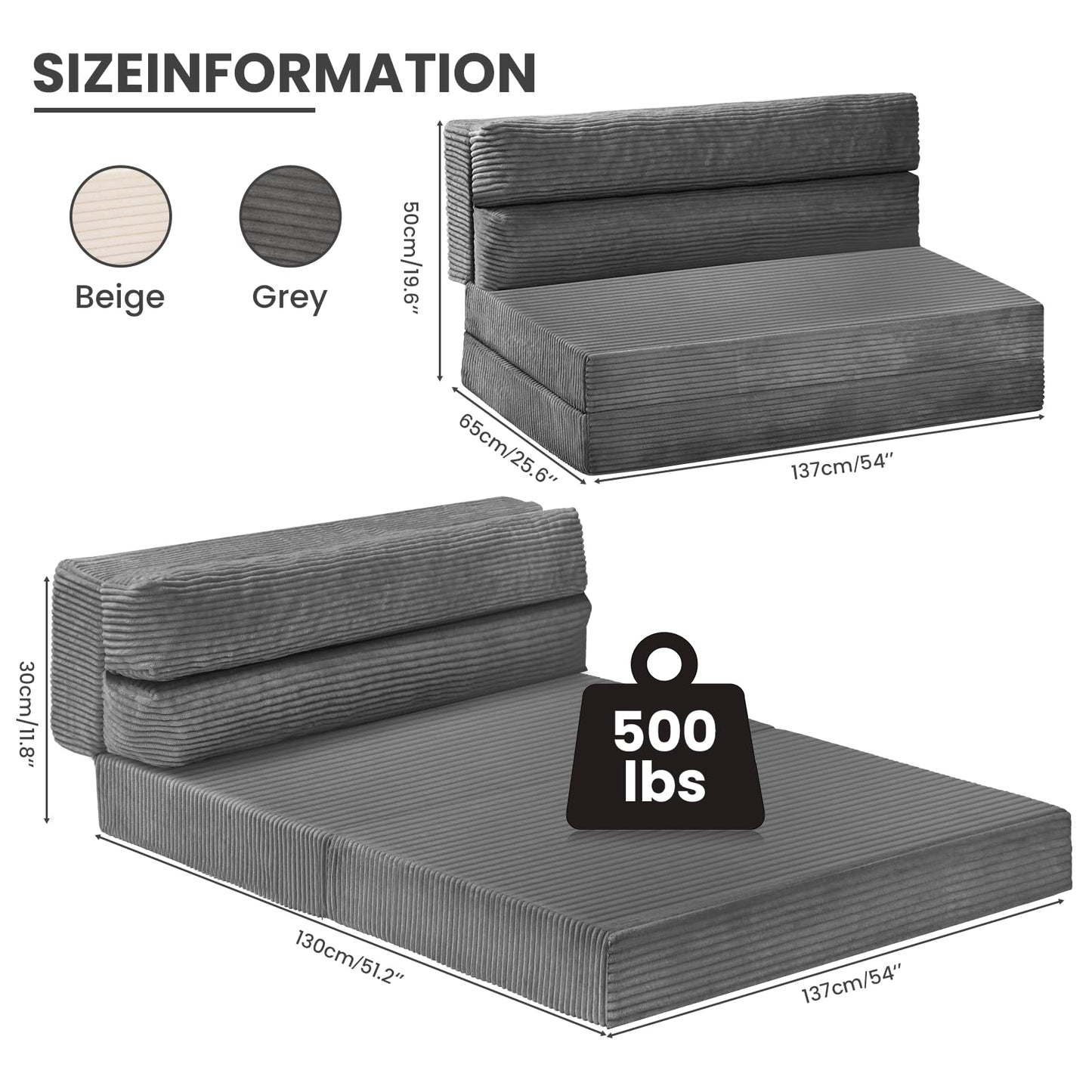 JUIKURY Folding Sofa Bed, Convertible Sleeper Chair with Pilow Foldable Matress, 2 in 1 Pull Out Loveseat Sofa Portable Fold Out Chair Bed Floor Couch Lounge for Living Room Bedroom (Grey, Full)