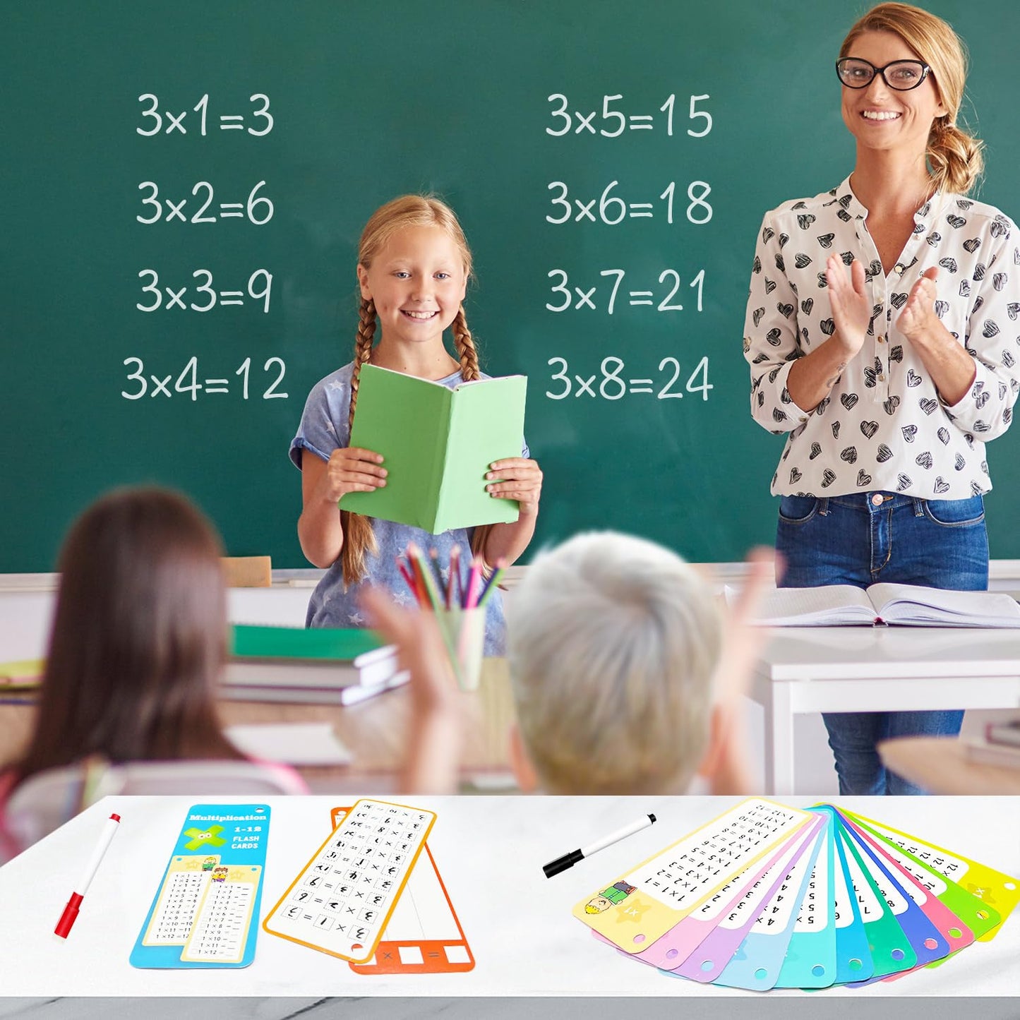 Anemeeoke 1-12 Multiplication Flash Cards, Large Math Table Flashcards, Including 15 Cards, 2 Dry Erase Markers, 1 Rings, Educational Times Table Flashcards for Classroom Home, for 1st to 3rd Grades