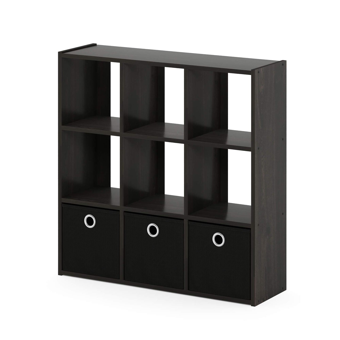 Furinno Simplistic 9-Cube Organizer with Bins, Small Size (Assembled unit dimensions : 7.9"D x 26.5"W x 26.7"H inches), Espresso/Black