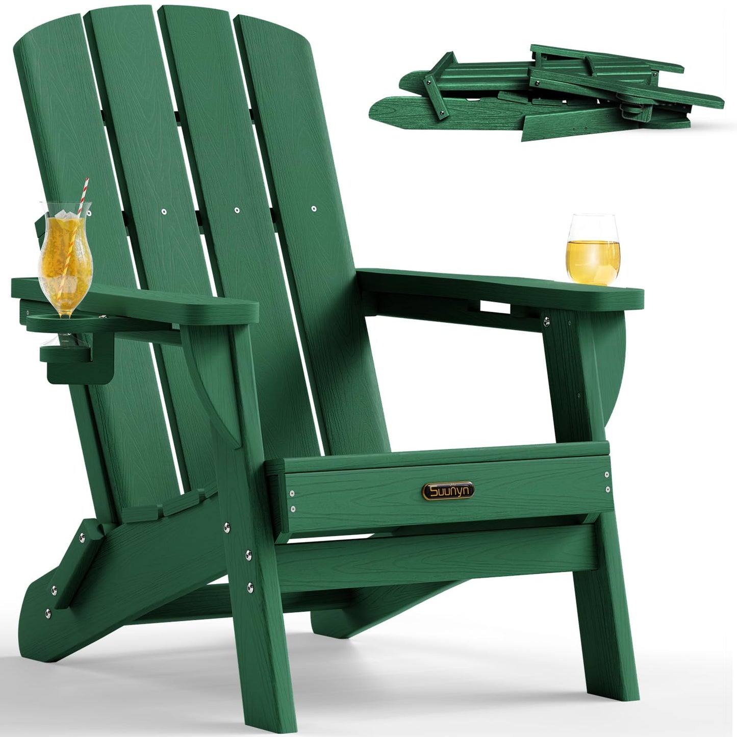 SUUNYN Folding Adirondack Chair, HDPE Adirondack Chairs with 2 Cup Holder, Plastic All-Weather Fire Pit Chairs, Outdoor Lawn Chair for Patio Garden (Green)