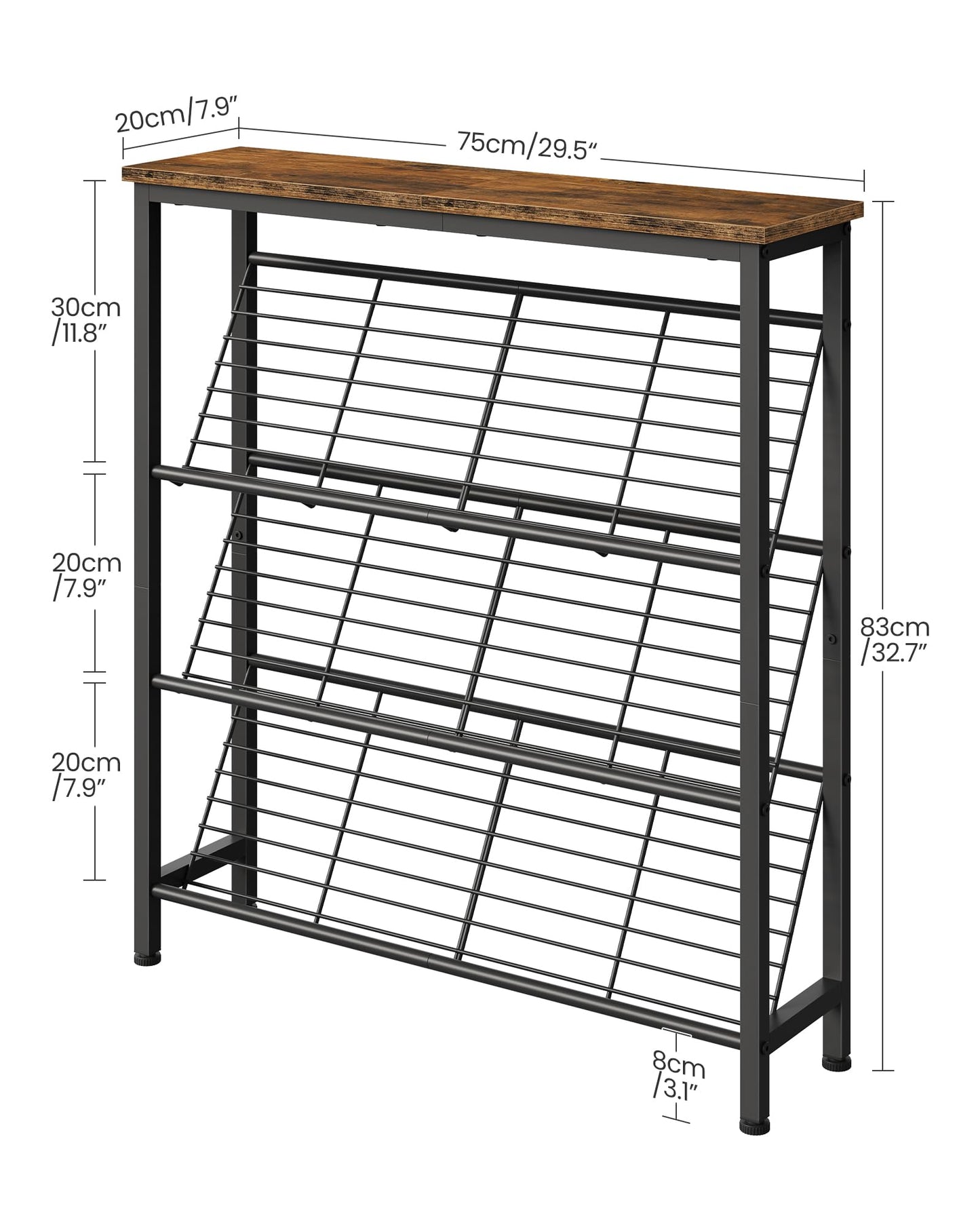 CHOEZON Shoe Rack, 4-Tier Narrow Shoe Storage Shelf, Slim Shoe Rack with Wooden Top and Metal Shelves, Slanted Shoe Organizer, Industrial Style, for Entryway, Hallway, Rustic Brown and Black TXJ76BF