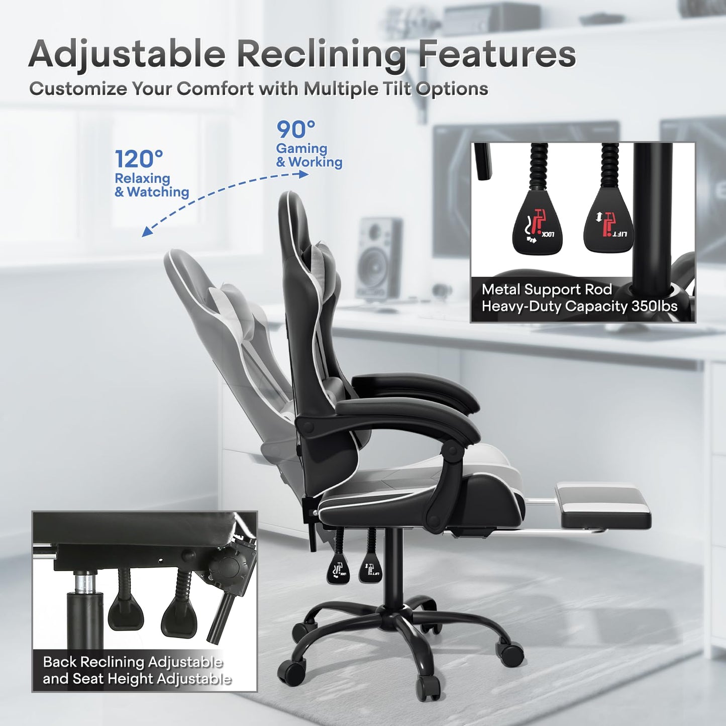 Athena Collection Ergonomic Gaming Chair with Footrest & Headrest Lumbar Support, Height Adjustable Swivel Office Chair Reclining Game Chair High Back Computer Chair for Adults, White