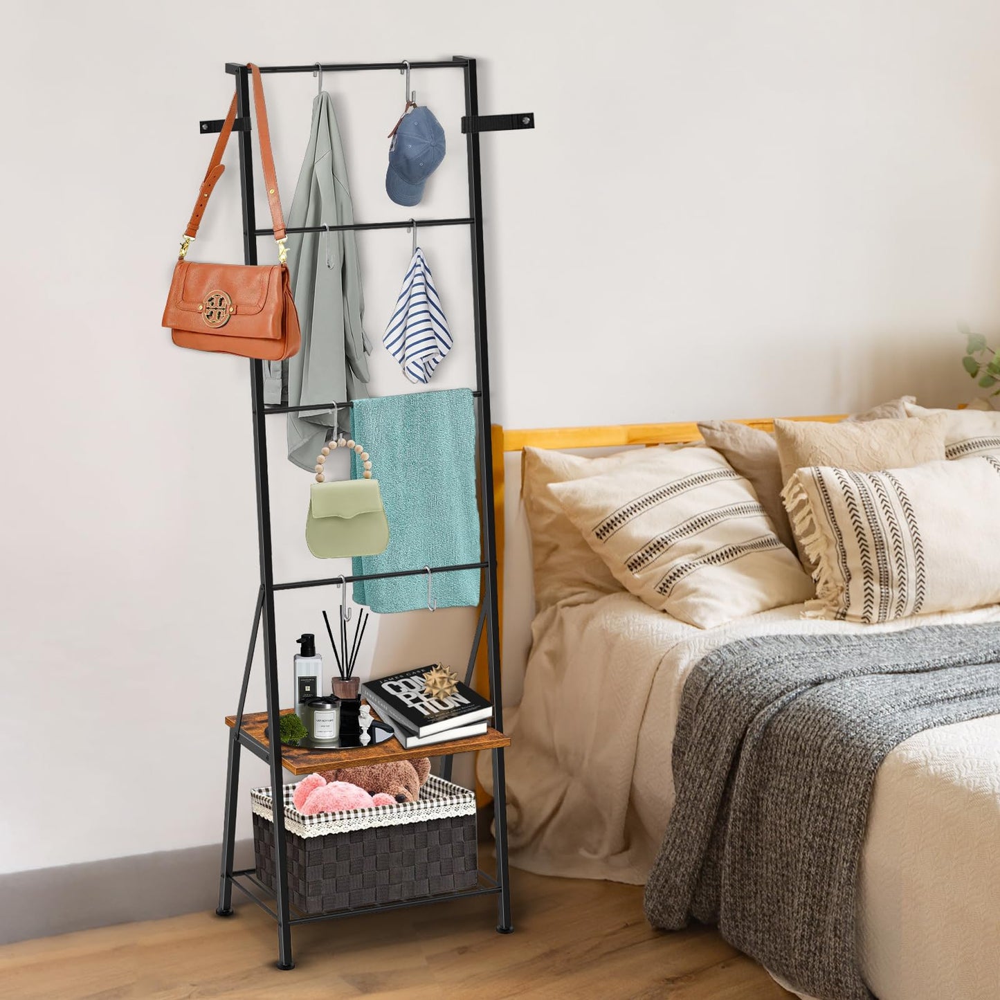FANSXIVITA Blanket Ladder, 6-Tier Towel Holder with Shelf, Blanket Rack Freestanding, Ladder Shelf with Hooks for Towels Clothes Scarves, Standing Towel Rack for Bathroom Living Room Bedroom, Brown