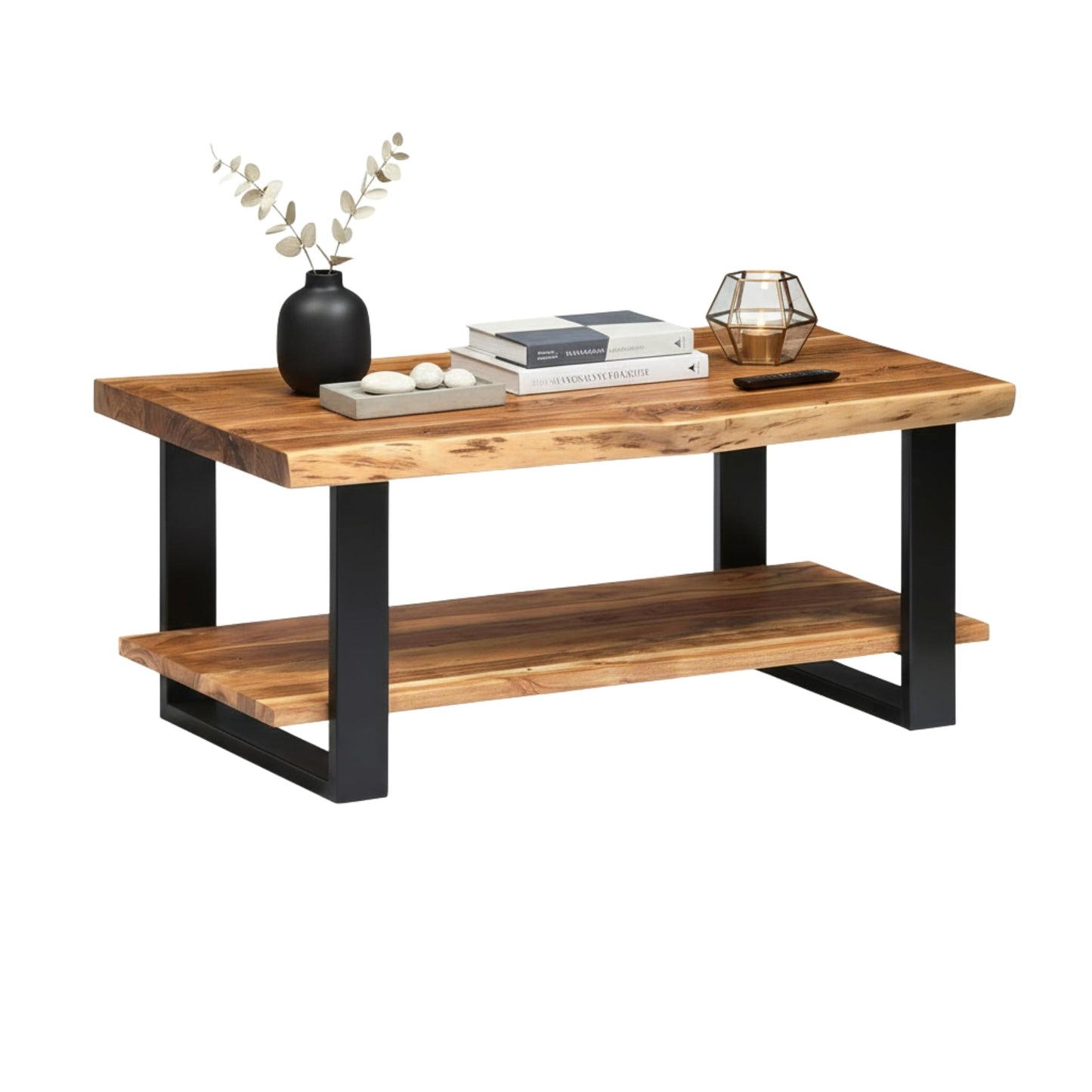 Alaterre Furniture Alpine 2-Tier Live Edge Coffee Table – 42" Solid Acacia Wood with Natural Finish, Lower Shelf Storage and Metal Frame – Rustic Industrial Style for Living Room or Home Office