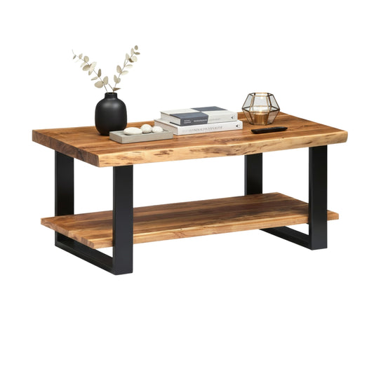 Alaterre Furniture Alpine 2-Tier Live Edge Coffee Table – 42" Solid Acacia Wood with Natural Finish, Lower Shelf Storage and Metal Frame – Rustic Industrial Style for Living Room or Home Office
