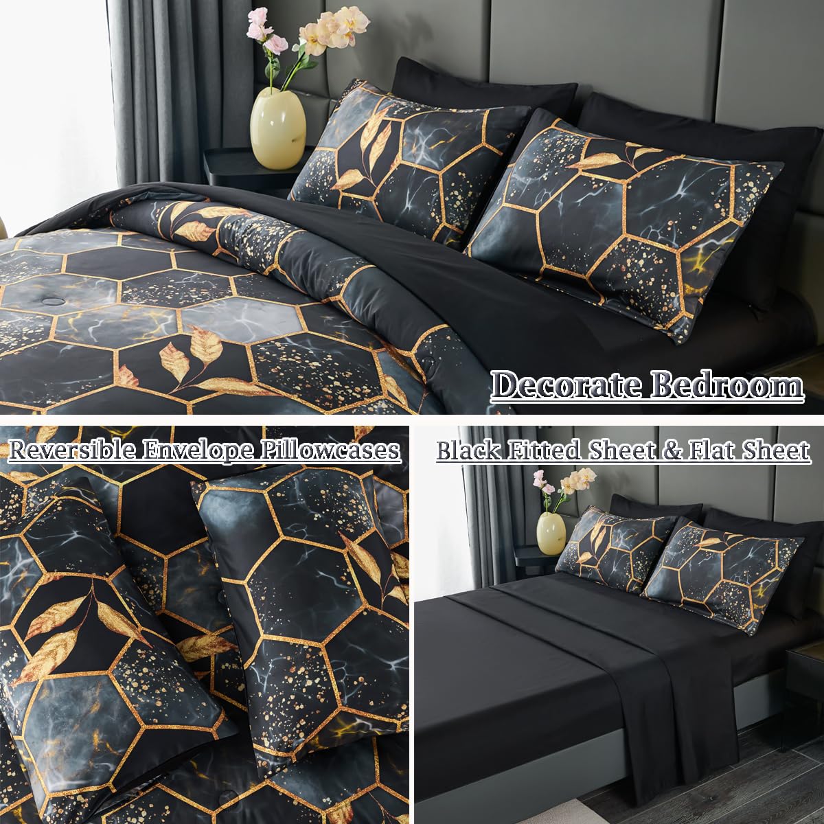 ZRNBAST Hexagon Black and Gold Comforter Set Queen Size - 7 Pieces Geometric Bedding with Sheets, Gold Trim Honeycomb Print Bed in A Bag(Black, Queen)