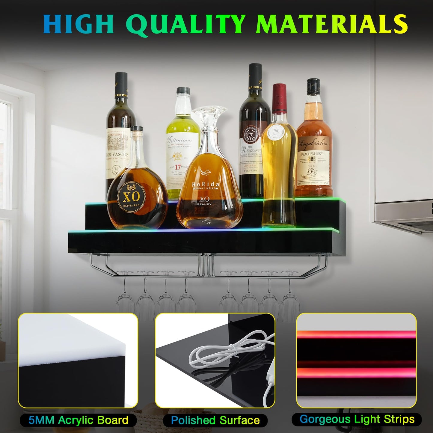 LED Lighted Liquor Bottle Display Shelf Wall Mount Wine Rack, 2 Tiers 24Inch Bar Bottle Display Shelf with Glass Holder Remote and App Control for Home Bar Party Whiskey Coffee Bottles Display
