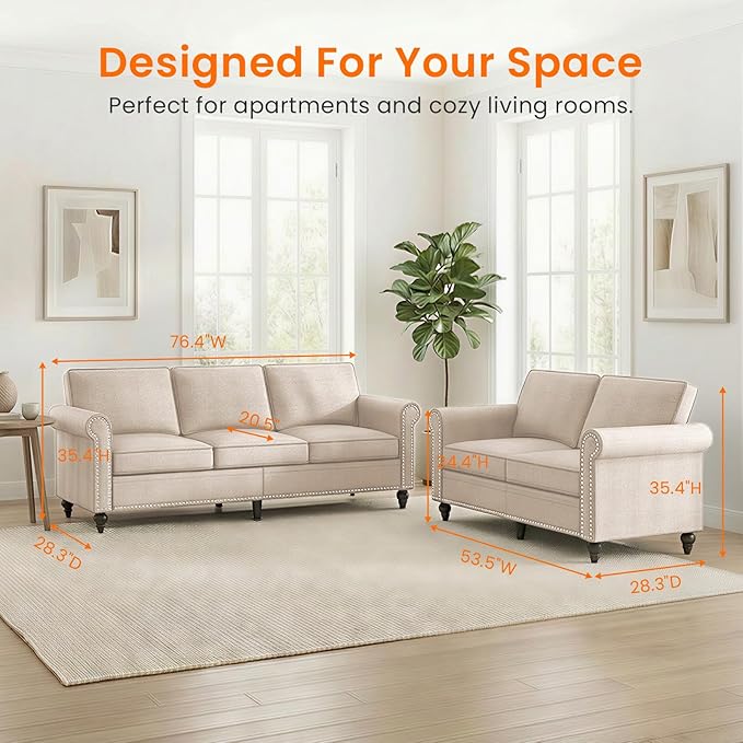 Living Room Sofa Sets 2 Piece, Modern 3 Seater Sofa and Loveseat Couch Sets