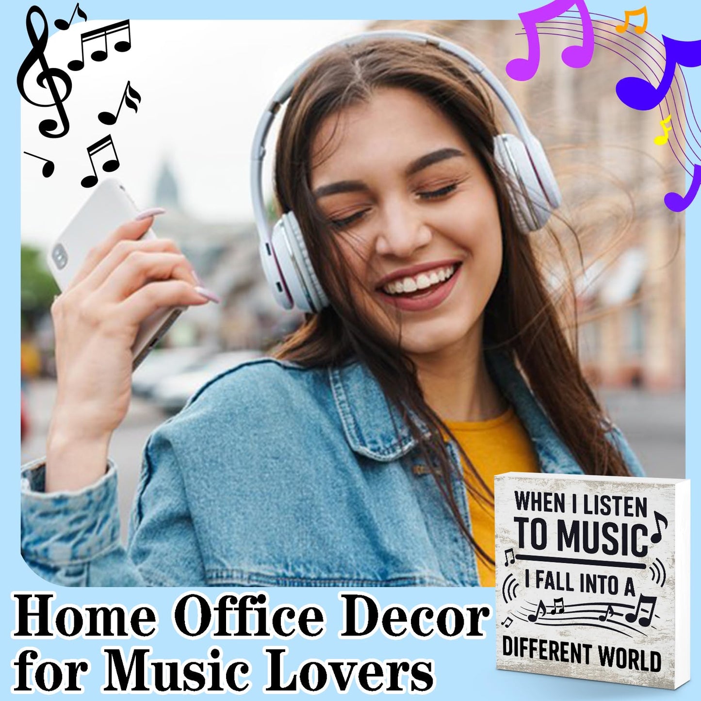 Music Desk Sign for Home Office Classroom, Musical Decor Room Decorations Accessories for Women Men Teacher, Table Shelf Musician Gift, Fall Into A Different World
