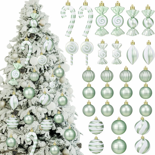 Soulchen 30 Pcs Pastel Green Christmas Decor Set Pastel Green Christmas Balls Candy Cane Lollipop Decorations Assorted Plastic Xmas Tree Hanging Ornaments for Home Xmas Holiday Party Decors