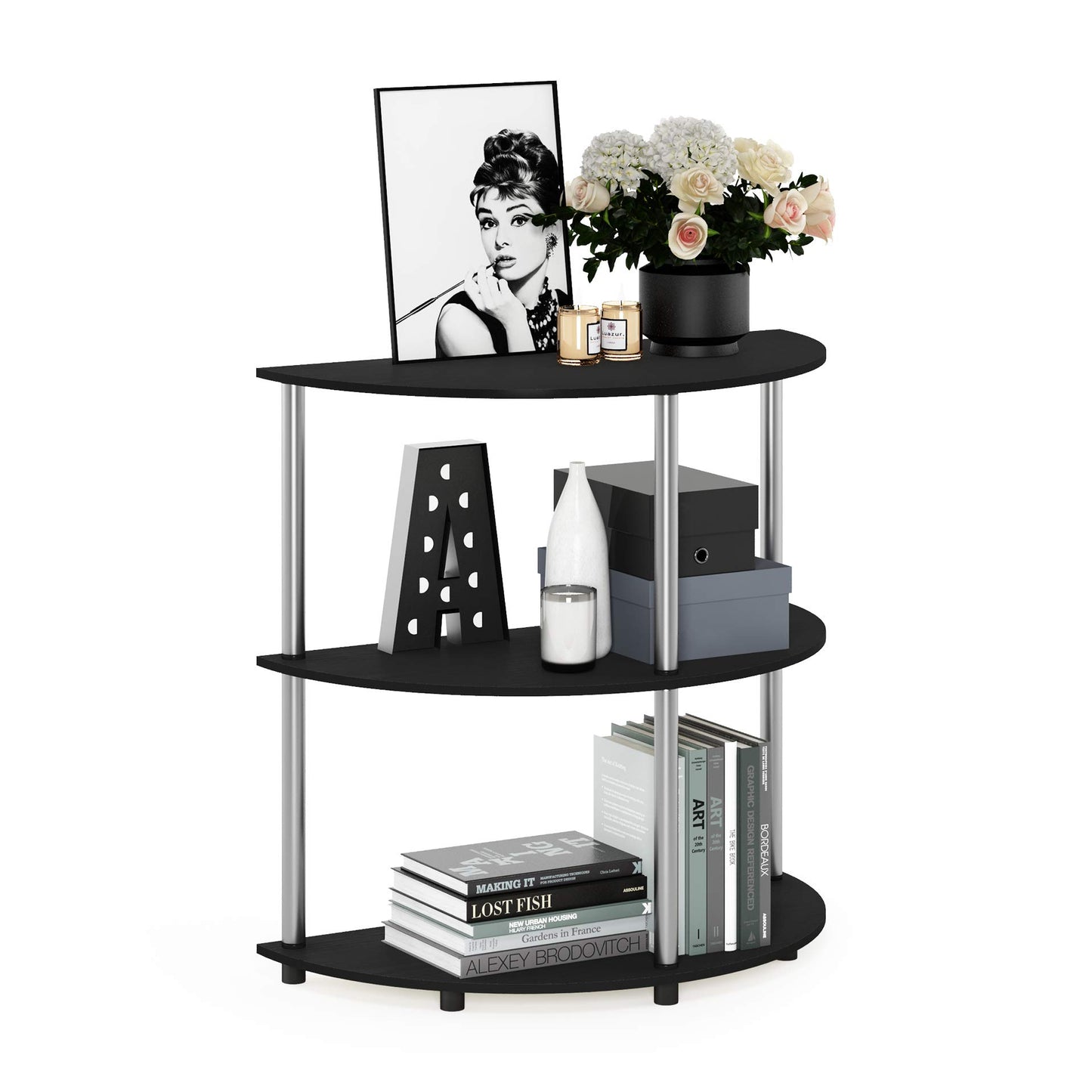 Furinno Frans Turn-N Half Round Console Table with Stainless Steel Tubes, Black Oak 15.6D x 31.1W x 30.8H in