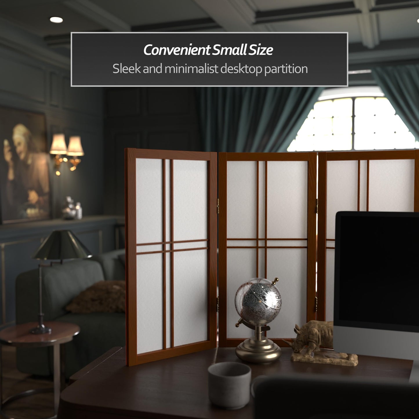 2 ft. Short Desktop Double Cross Shoji Screen - Walnut - 3 Panels