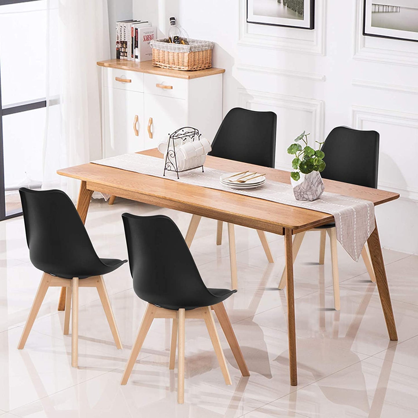 Hysache 4PCS Modern Dining Chairs, High Backrest Armless Chair with Padded Seat & Solid Wood Legs, Mid Century Upholstered Side Chairs for Dining Room, Living Room, Kitchen (Black) (HW67271)