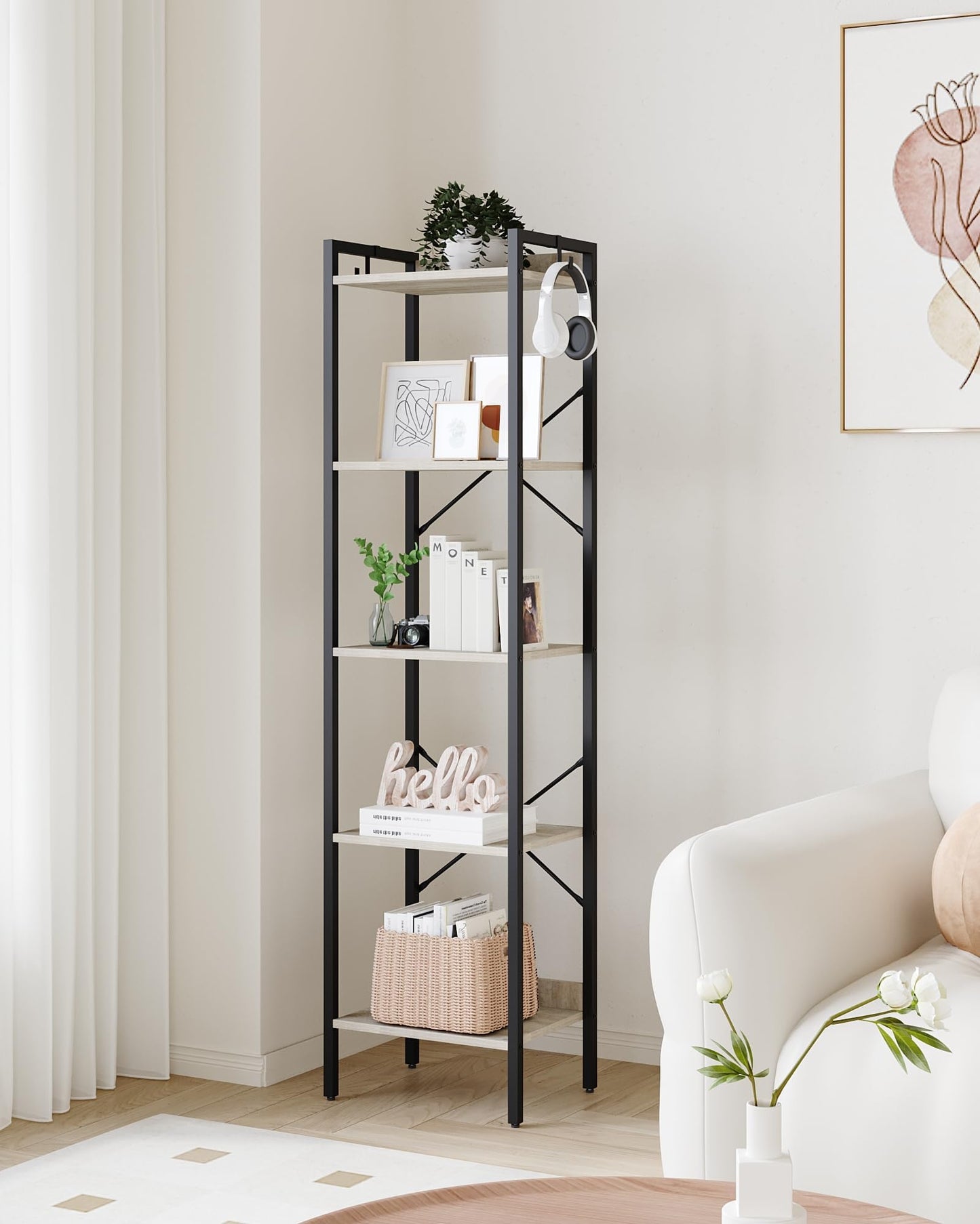 Hzuaneri Bookshelf, Book Shelf, Industrial Bookcase with 2 Hooks, Coner Shelf Storage Organizer for Home Office, Living Room, Bedroom, Kitchen, 5-Tier Greige BC10505B