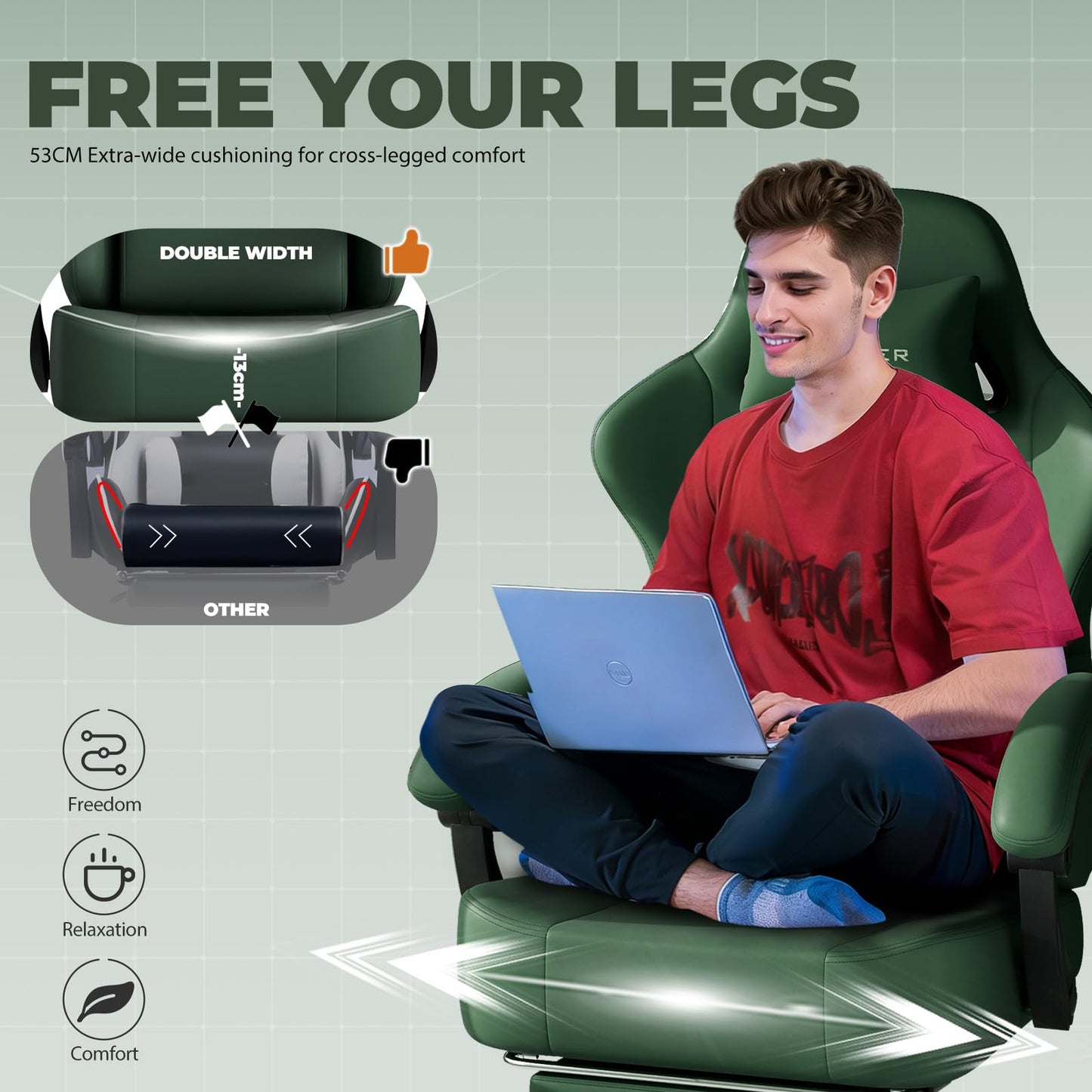 GTPLAYER Big and Tall Gaming Chair 400lbs Heavy Duty Office Chair with Footrest, High Back Pocket Spring Ergonomic Computer Chair for Adults, Wide Seated Cushion with Linkage Armrests, Leather Green