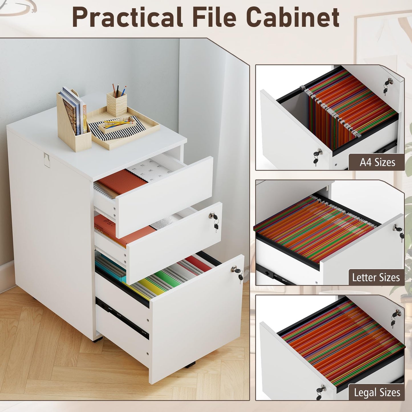 Giantex 3-Drawer File Cabinet with Lock, 27-Inches Storage Cabinet with 2 Side Hooks, Mobile Printer Stand, Wheels, 4 Keys, Vertical Filing Organizer fits Letter/A4 Size for Home Office (White)