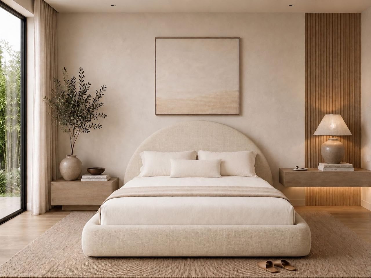Cloud Frame Round Bed – Washable Zip Cover - Upholstered Linen Soft Foam - Modular Minimalist Modern - Half Circle Moon - Sold Sold Separately (Cream Linen Premium, Queen Headboard)