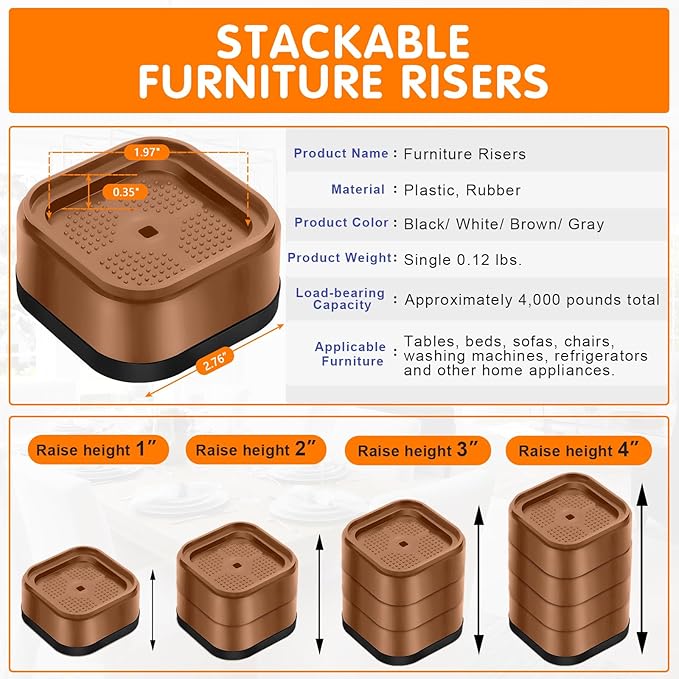 Furniture Risers Adjustable Bed Risers Heavy Duty Lifts Height 2", Square