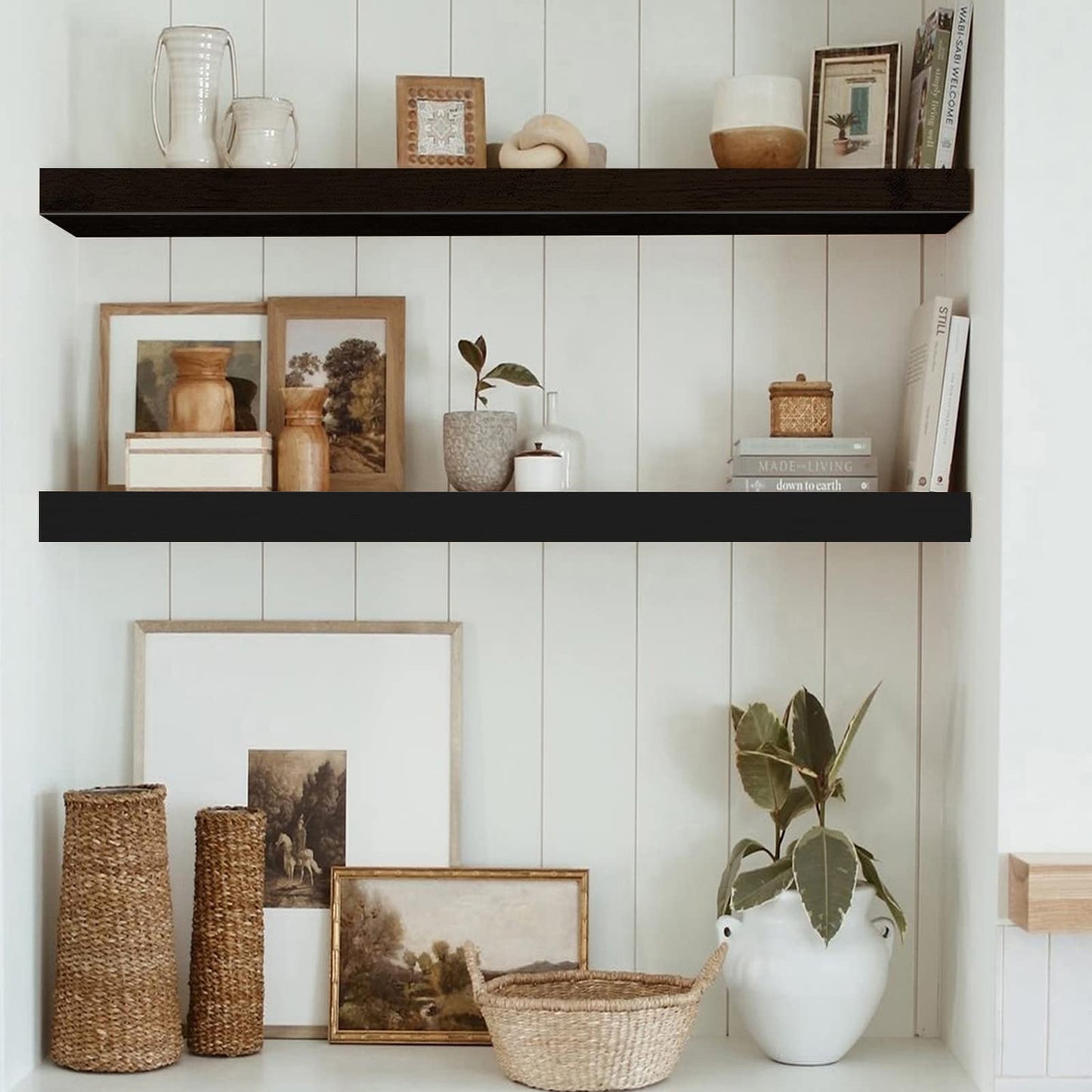 QEEIG Floating Shelves for Wall 35.4" Long - Wall Mounted Shelf Bathroom Kitchen Living Room Bedroom Farmhouse Home Decor Display Bookshelf Large 35.4 x 9.3 inch Set of 2, Black (008-90B)
