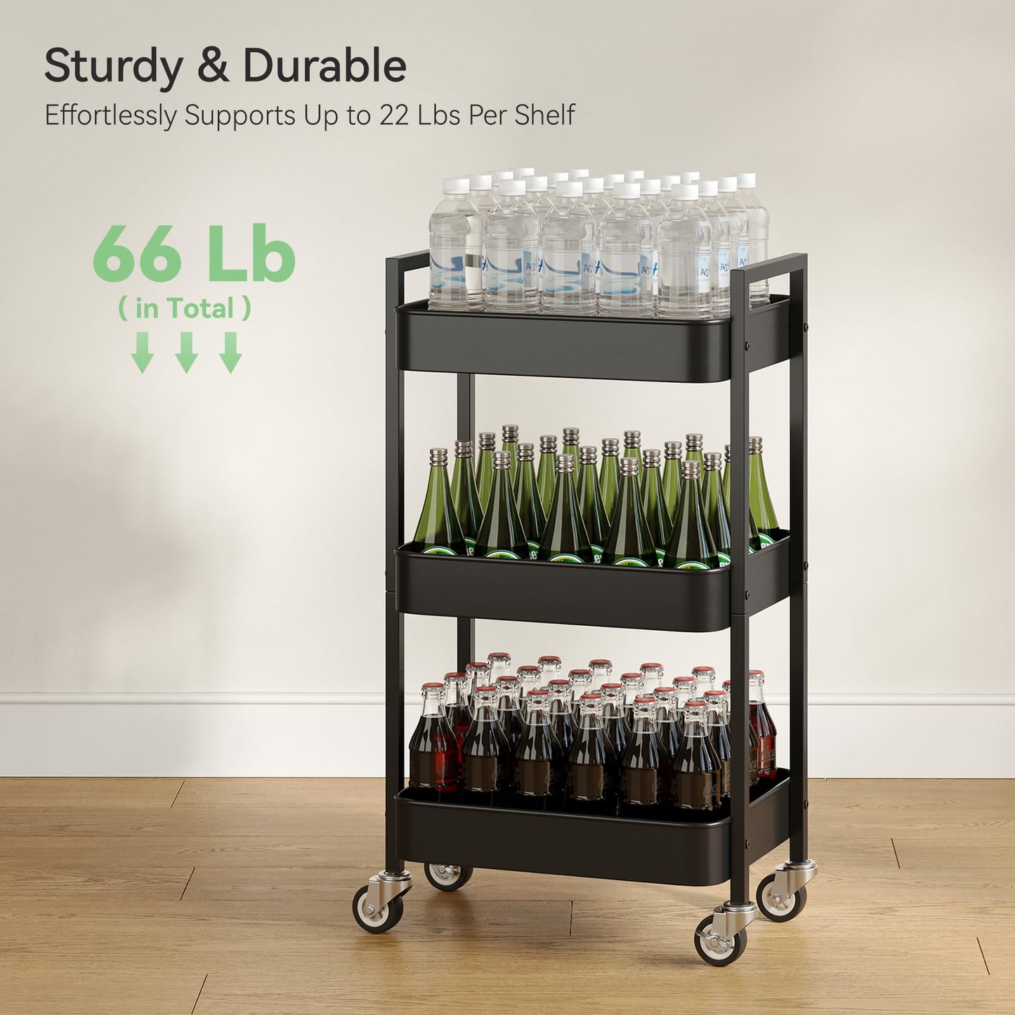 Nunsino 3 Tier Rolling Cart,Utility Cart with Locking Wheels, Hanging Cups & Hooks, Heavy Duty Metal Storage Organizer Cart for Kitchen,Office, Bathroom,Craft Room,Black