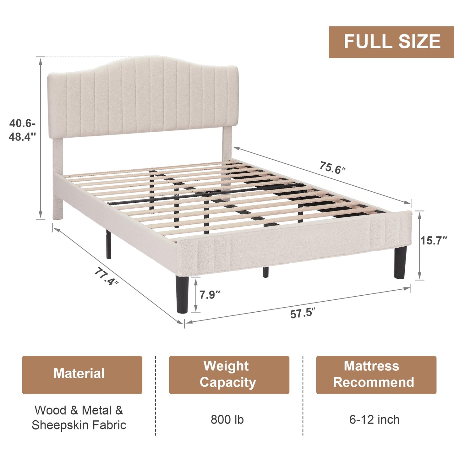 VECELO Full Size Beds Upholstered Platform Bed Frame with Height-Adjustable Teddy Fabric Headboard/Strong Wood Slats Supports / 7.9'' Under Bed Storage Space/Noise Free/No Box Spring Needed, Cream