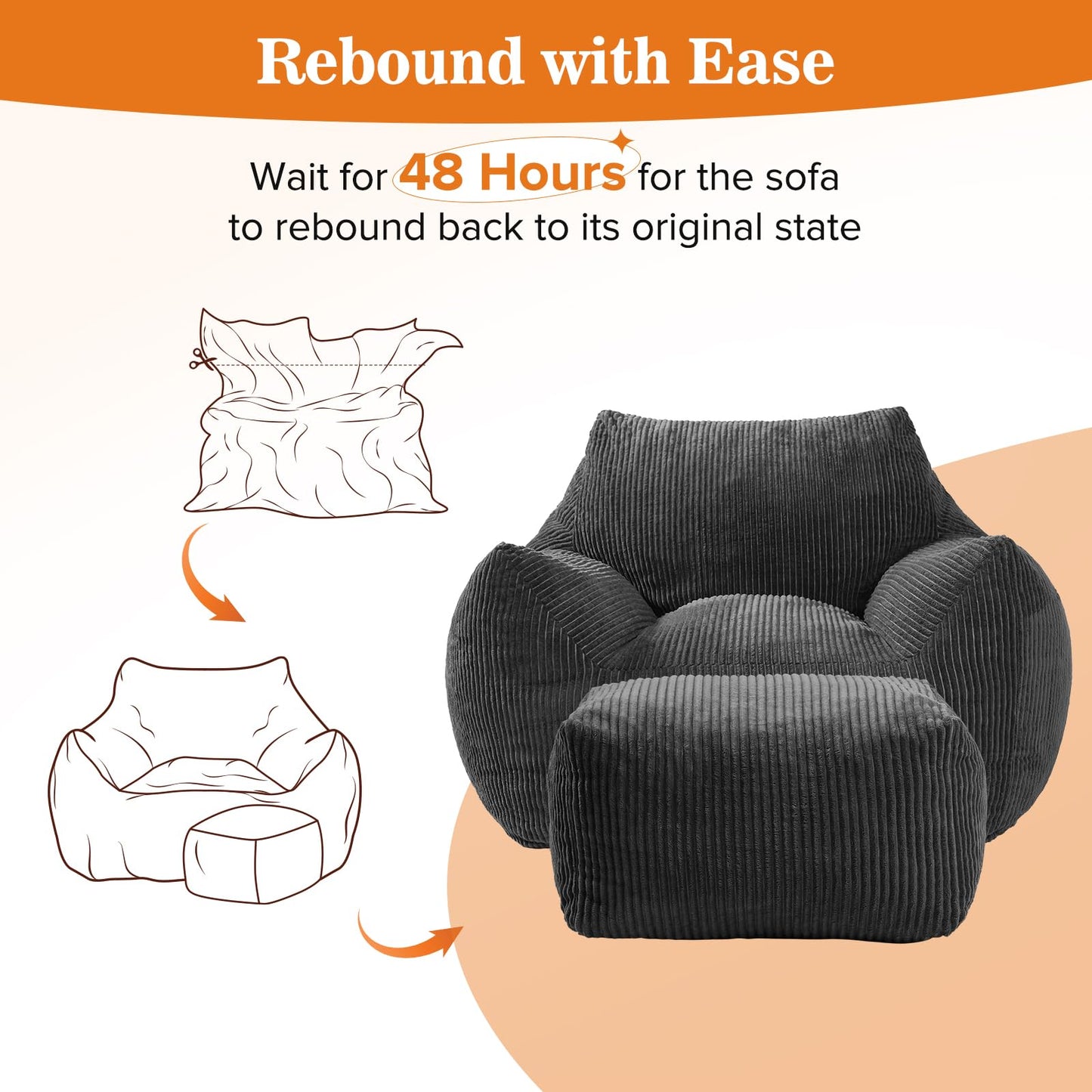 Vellorise Big Bean Bag Chair for Adults, Ultra Soft Living Room Bean Bag with Armrests & Ottoman, Stuffed BeanBag Chair for Napping, Gaming, Vacuum-Compressed for Easy Gifting, 48h to Expand Dark Gray
