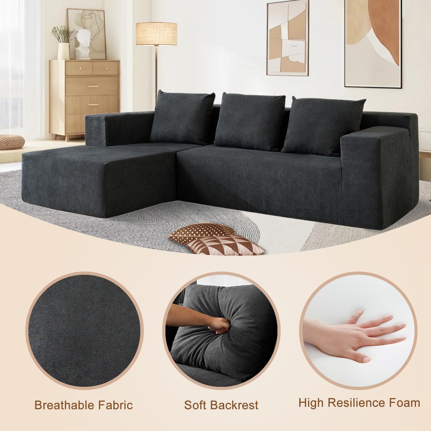 Nigoone 103" Cloud Sectional Couches for Living Room, Boneless Couch with Chaise, Modern Minimalist Modular Couch, Free Combination Deep Seat Corner, No Assembly Required, Dark Grey
