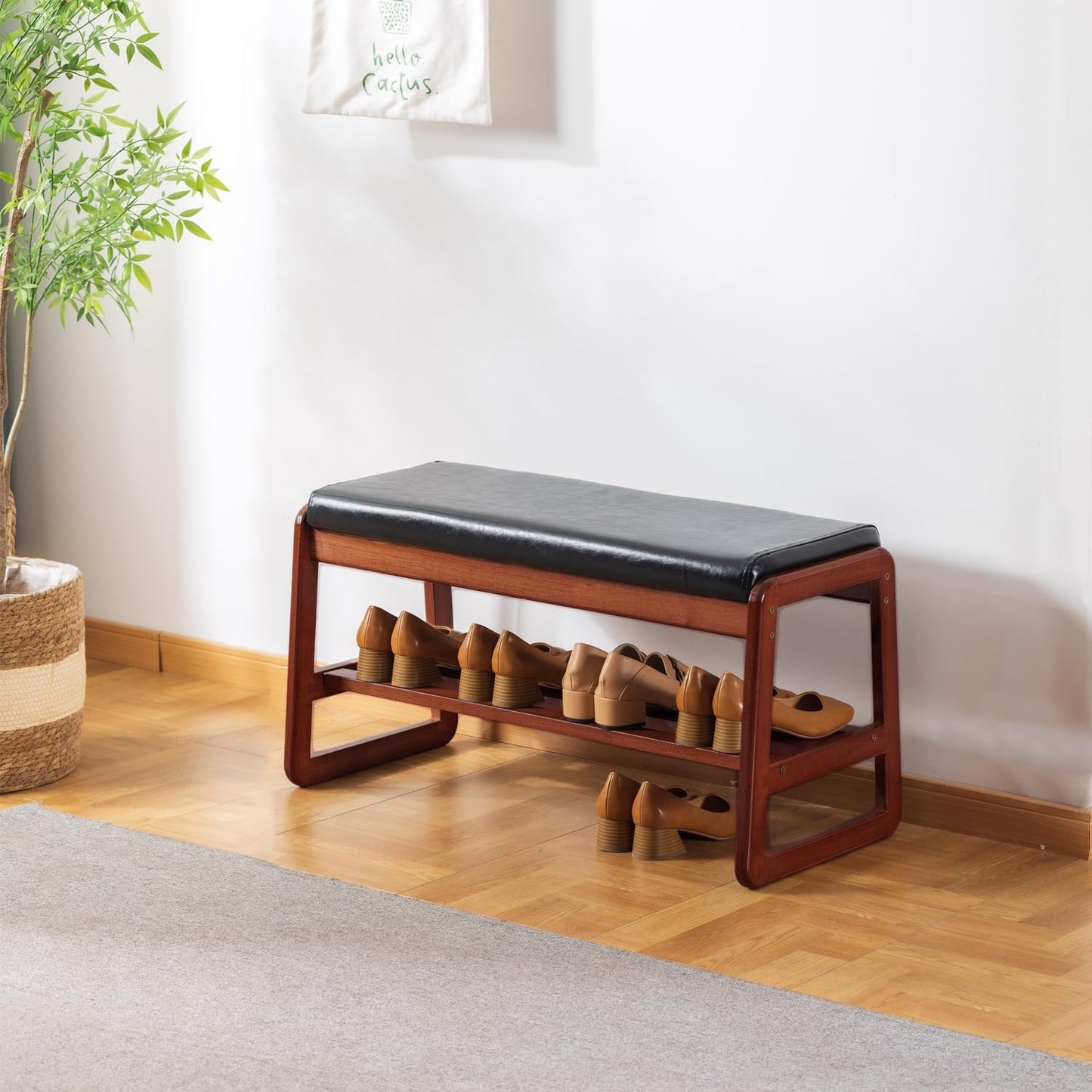 SOBIBO Solid Wood Shoe Bench, 2-Tier Wooden Entryway Bench, Modern Shoe Rack with Cushion for Hallway, Living Room (Black, 31.5'')