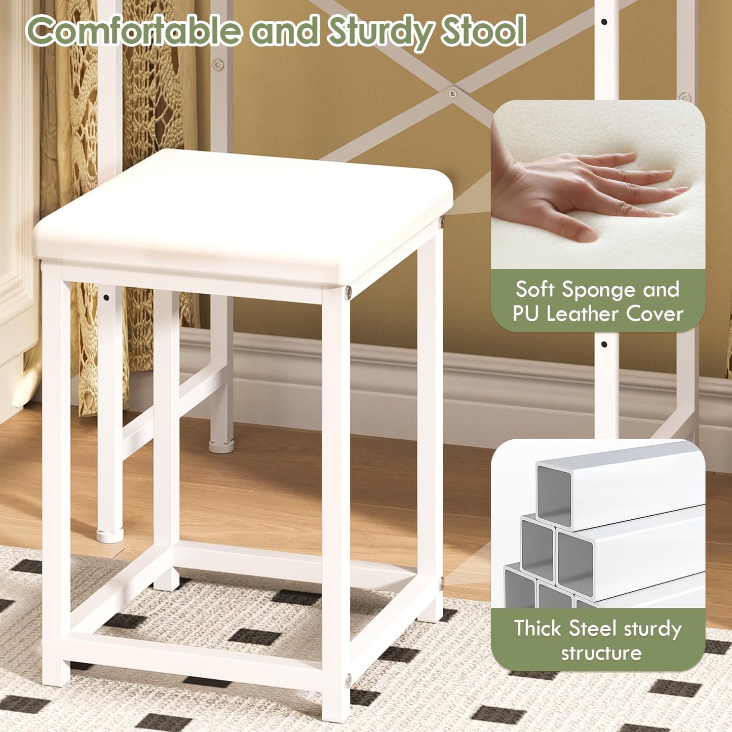19.7"W Small Vanity Desk with Mirror & Chair, Mini Cute Makeup Vanity Table Set with 2 Fabric Storage Drawers Opening Shelves, Compact Vanity Desk for Kids Girls Gifts, Bedroom & Small Spaces, White