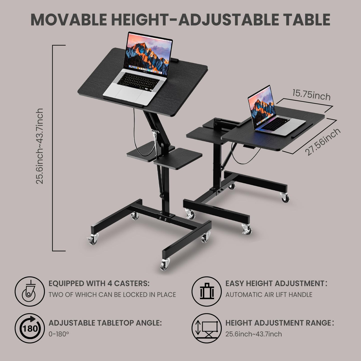 FULOOPHI Mobile Standing Desk with Wheels, Height Adjustable Laptop Table, 27.56 Inch Portable Ergonomic Workstation with Locking Casters & Tilting Top, Black