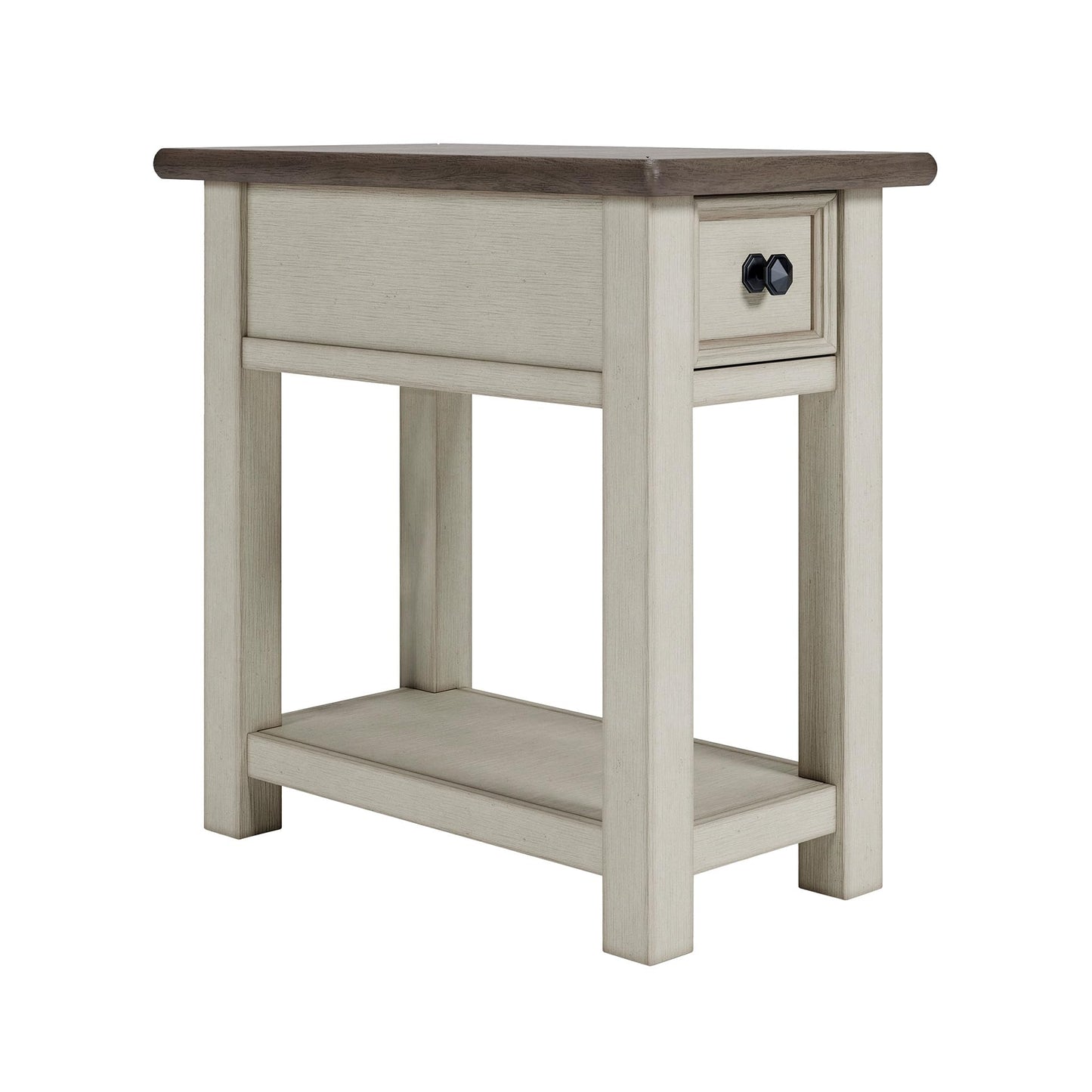 Signature Design by Ashley Bolanburg Chairside End Table With Charging Station, Two-Tone Wood Accent Table With Drawer Storage, Plank Top Design for Living Room or Bedroom, Antique White